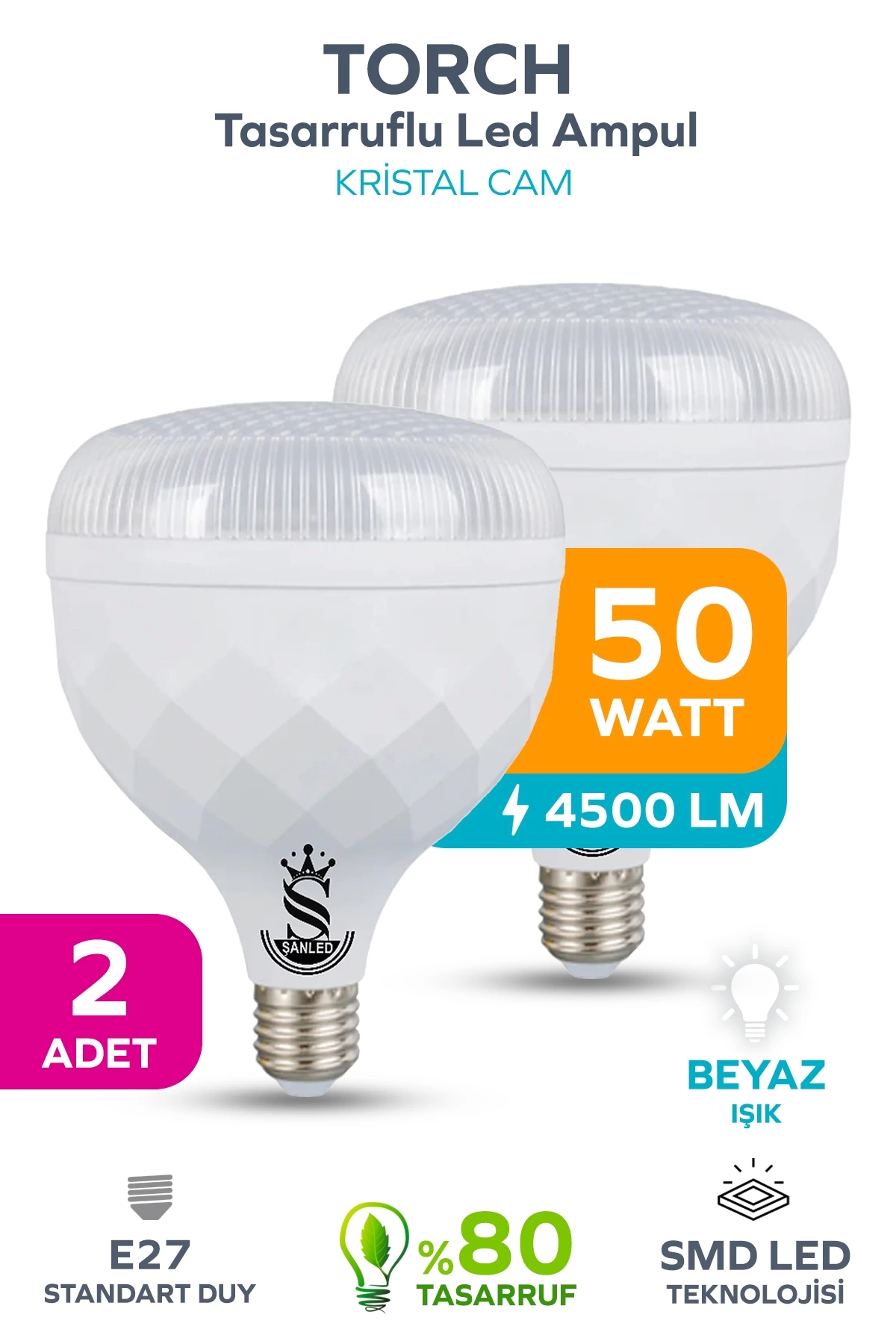 50W KRİSTAL Tasarruflu E27 Beyaz Işık Torch Led Ampul 2 Adet