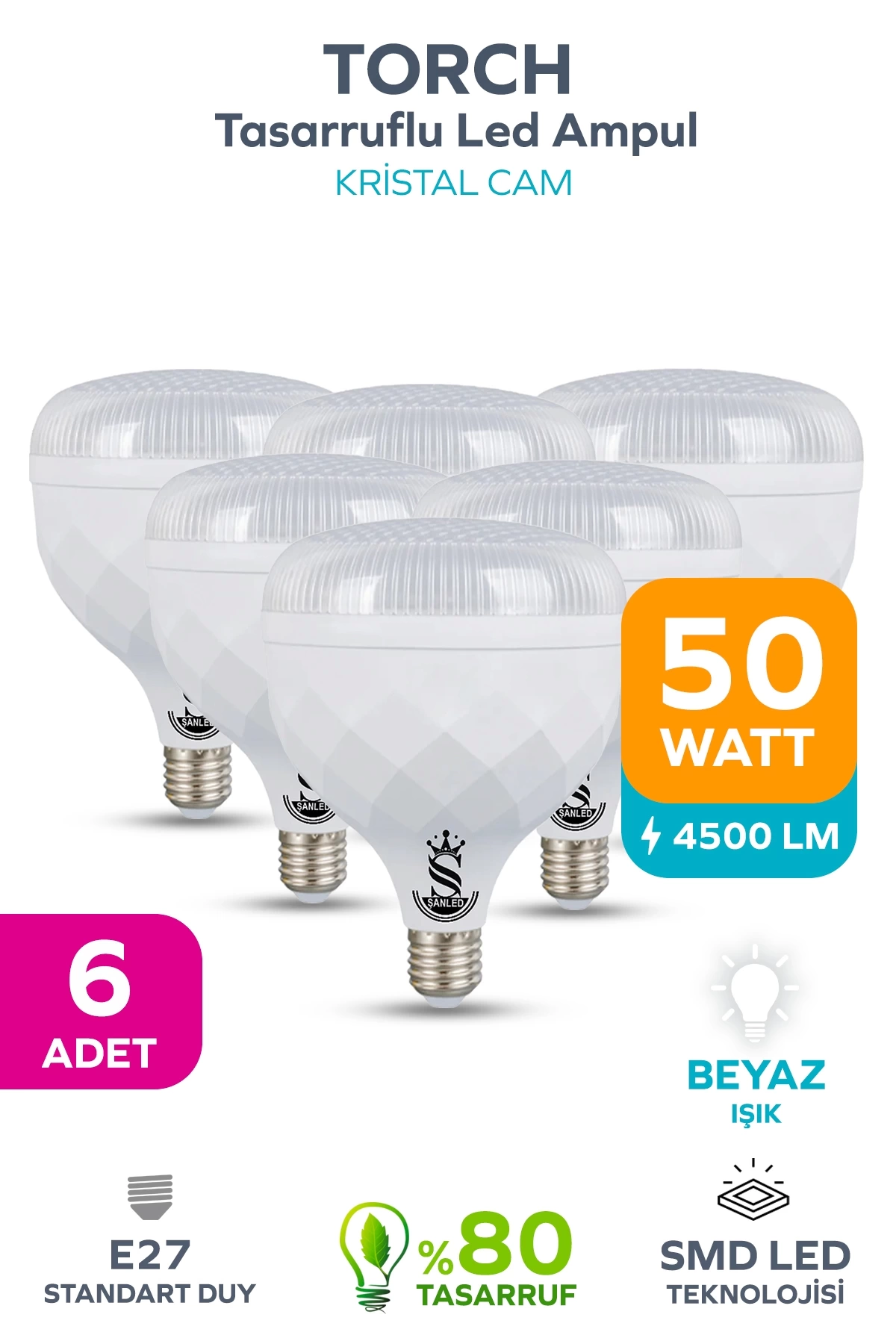 50W KRİSTAL Tasarruflu E27 Beyaz Işık Torch Led Ampul 6 Adet