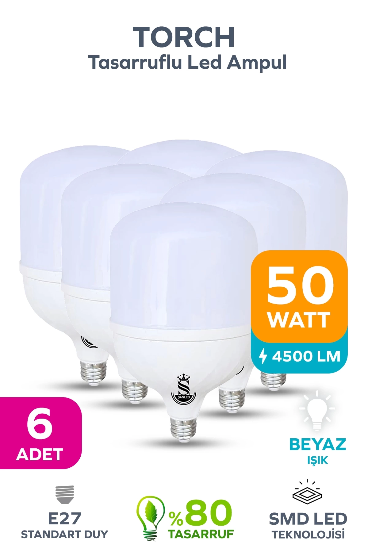 50w Tasarruflu E27 Beyaz Işık Torch Led Ampul 6 Adet