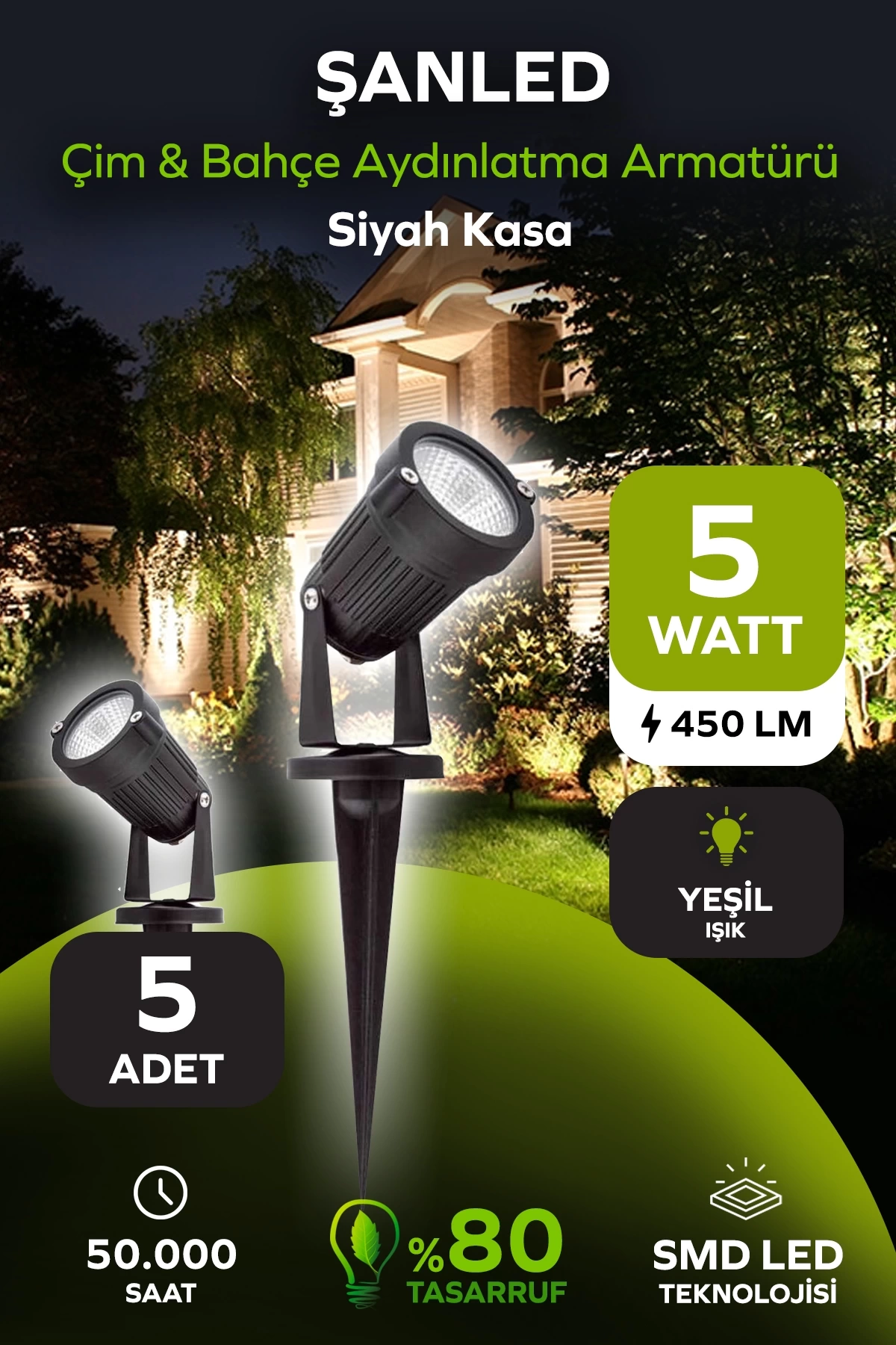 5W YEŞİL IŞIK SİYAH KASA ÇİM BAHÇE AYDINLATMA ARMATÜRÜ 5 Adet