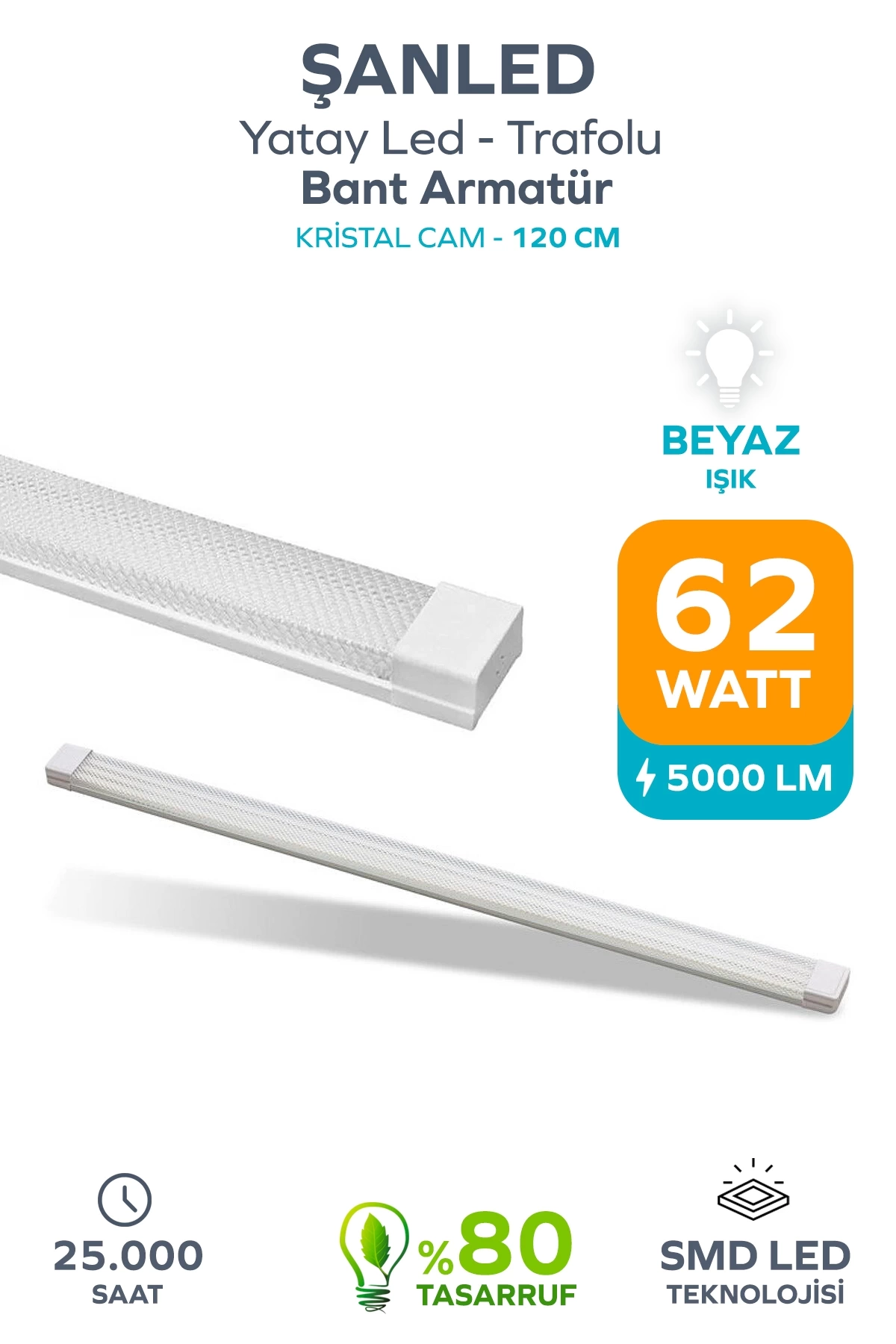 62wat 120 Cm Kristal Yatay Led Bant Armatür-trafolu Beyaz Işık 1 Adet
