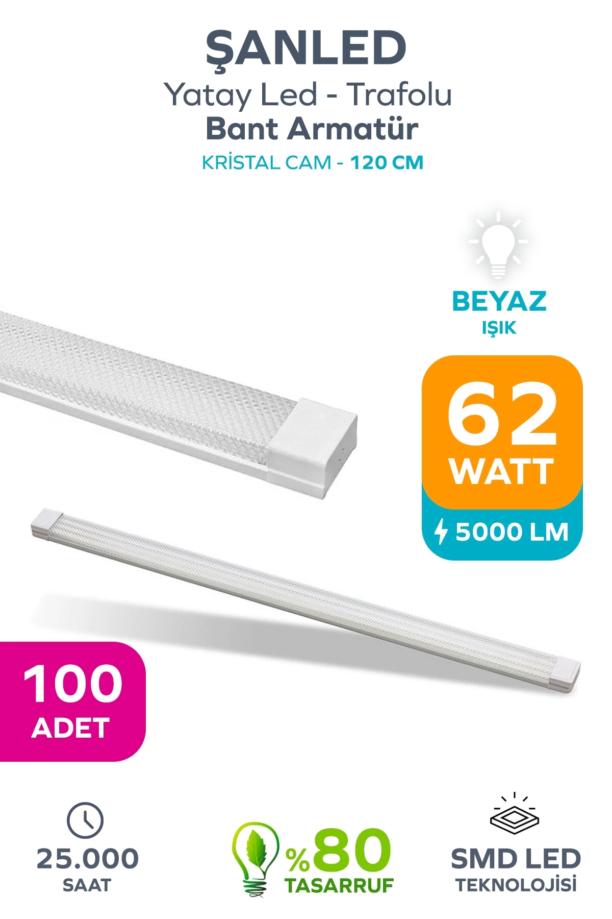 62wat 120 Cm Kristal Yatay Led Bant Armatür-trafolu Beyaz Işık 100 Adet
