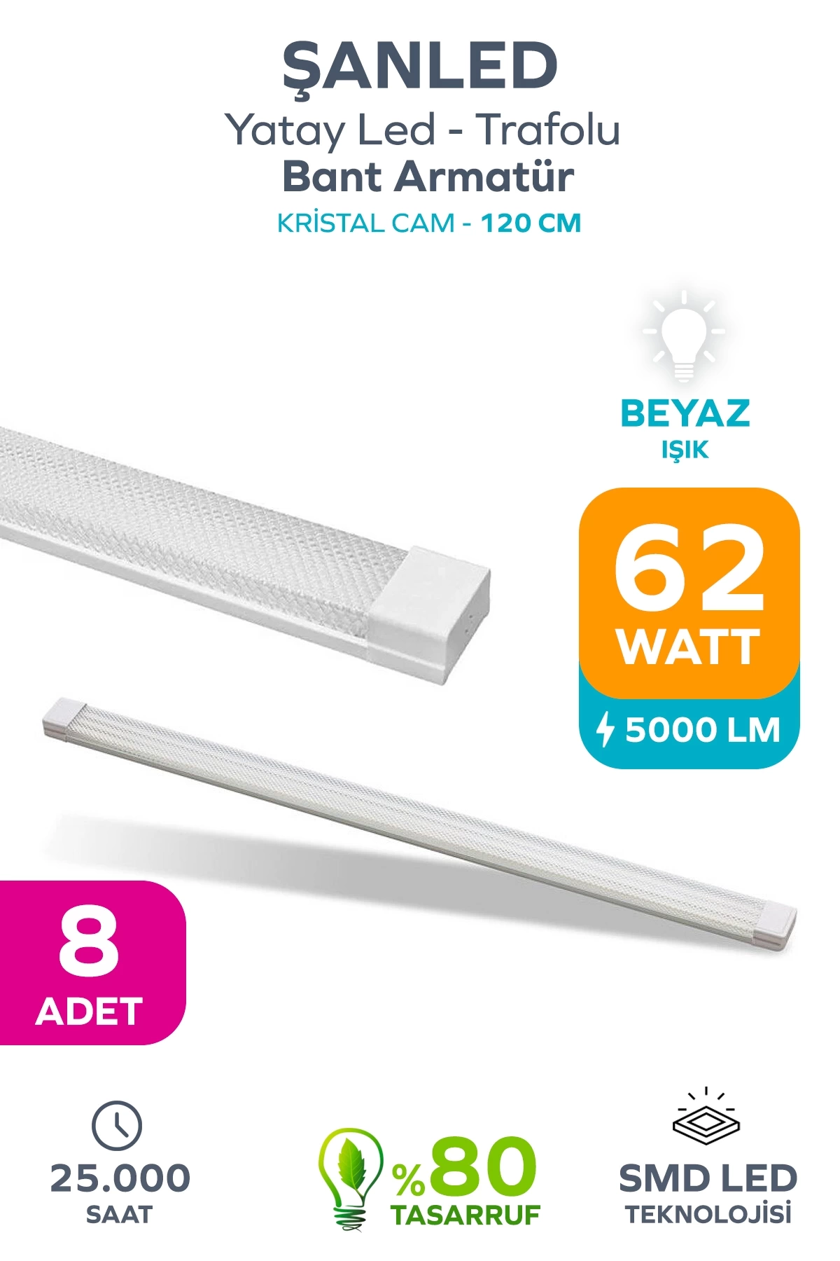 62wat 120 Cm Kristal Yatay Led Bant Armatür-trafolu Beyaz Işık 8 Adet