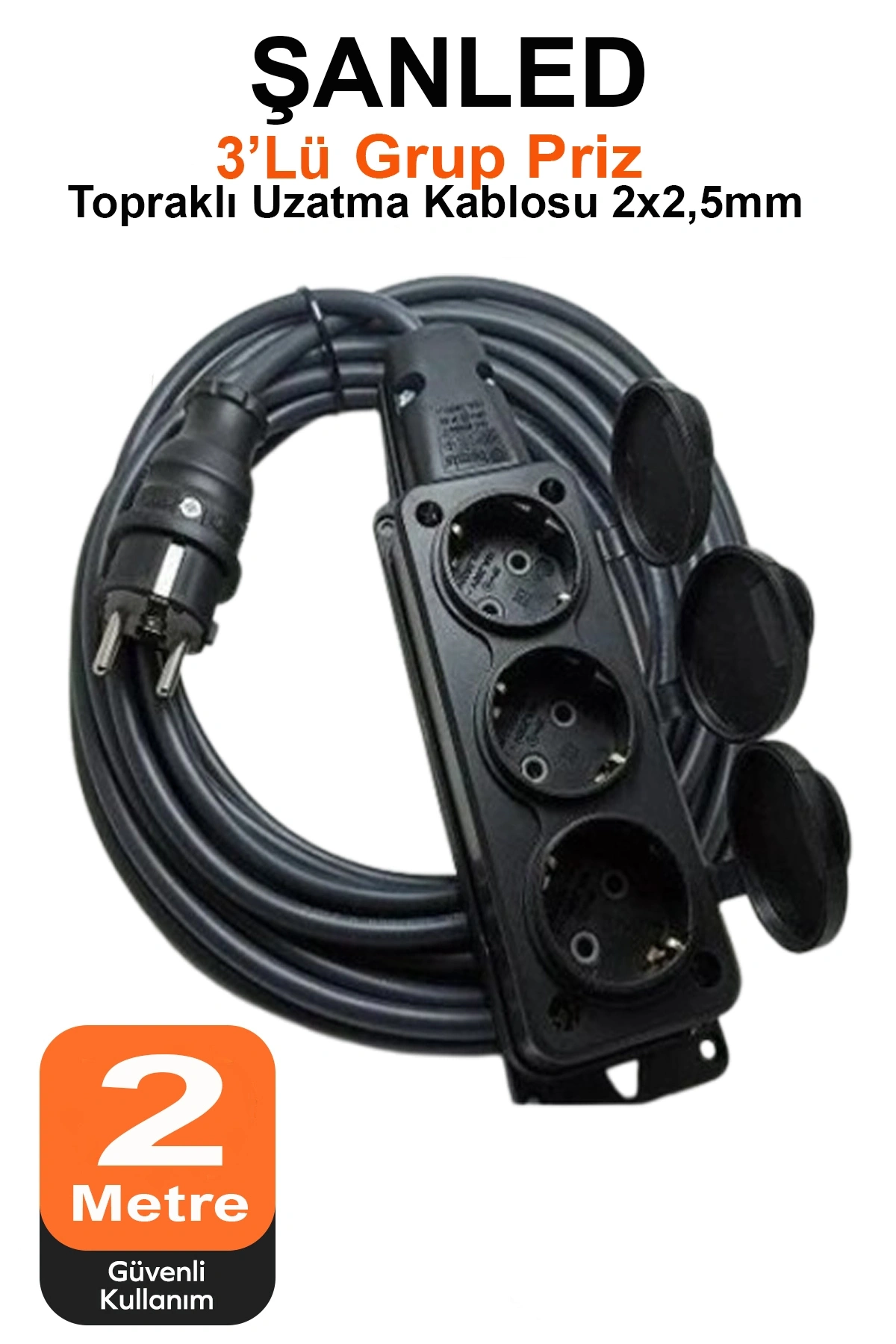 Siyah Kapaklı Grup Priz Topraklı 3lü Seyyar Ara Uzatma Kablosu TTR 2x2,5 mm kablo 2 m