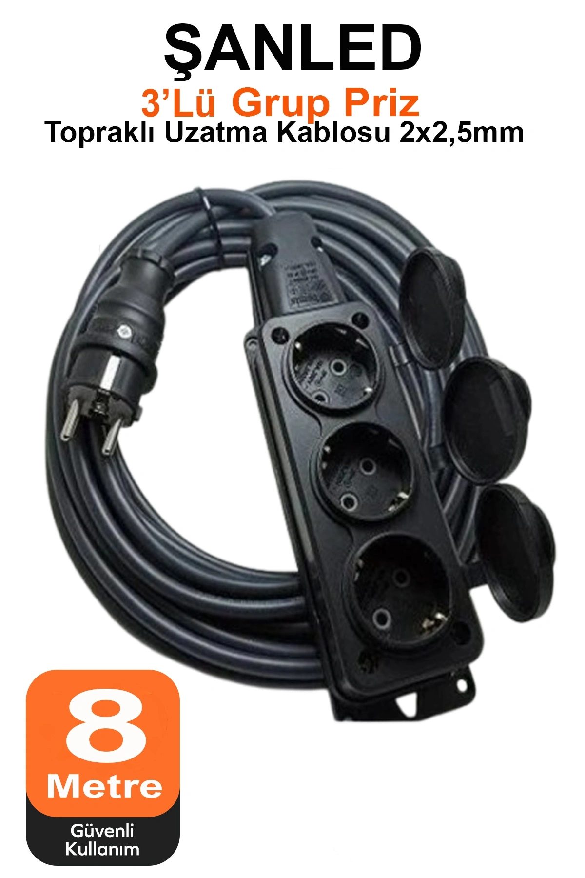 Siyah Kapaklı Grup Priz Topraklı 3lü Seyyar Ara Uzatma Kablosu TTR 2x2,5 mm kablo 8 m