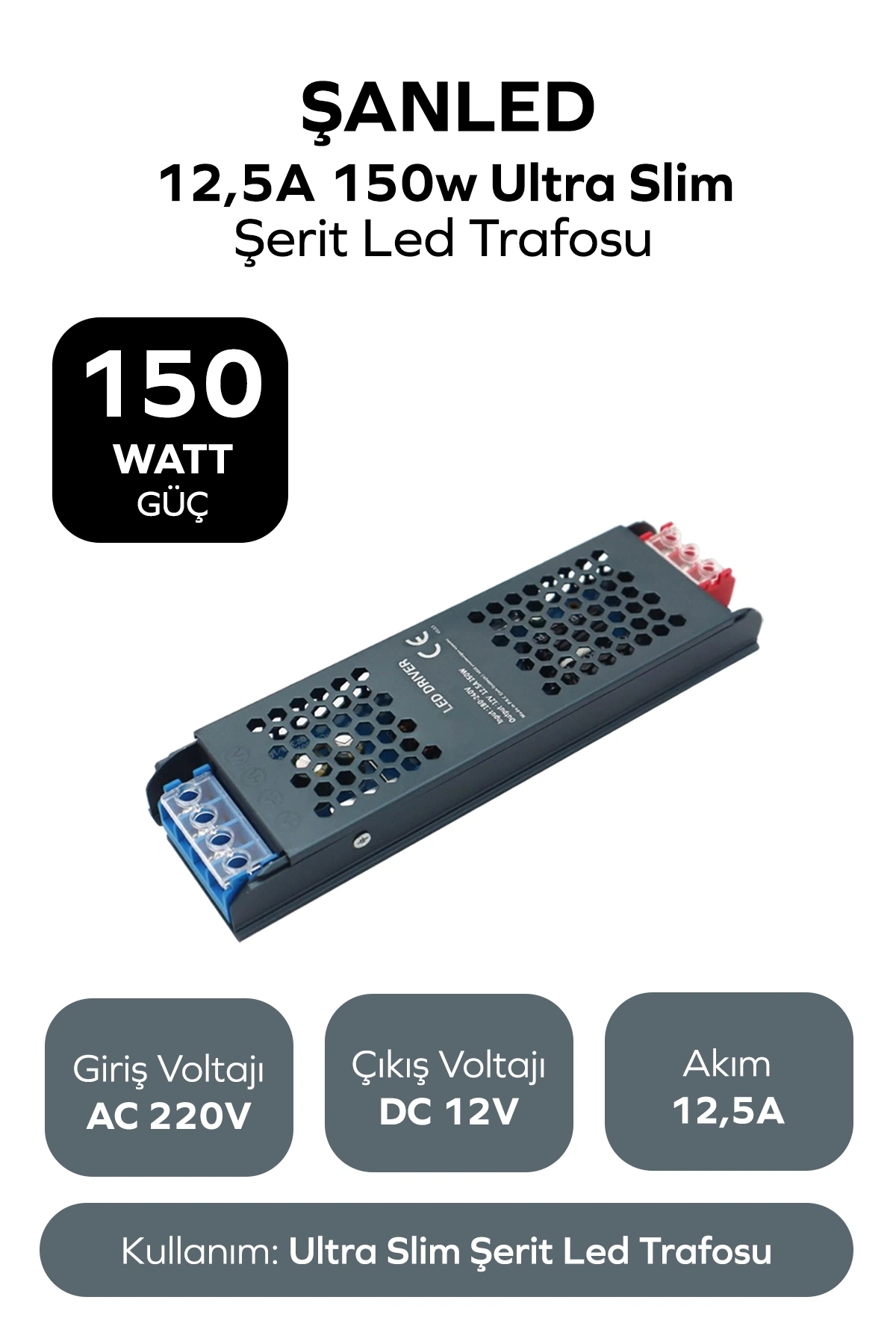 150W 12,5A Ultra Slim Şerit Led Trafosu