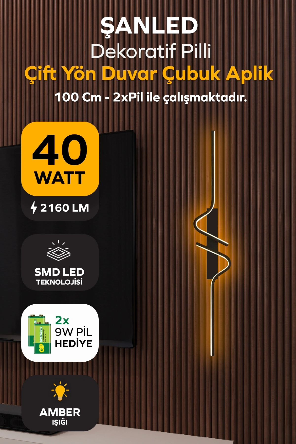 Dekoratif 40W İç Mekan Siyah Kasa Amber Işık Rengi 115 cm Duvar Aplik PİLLİ 1 Adet