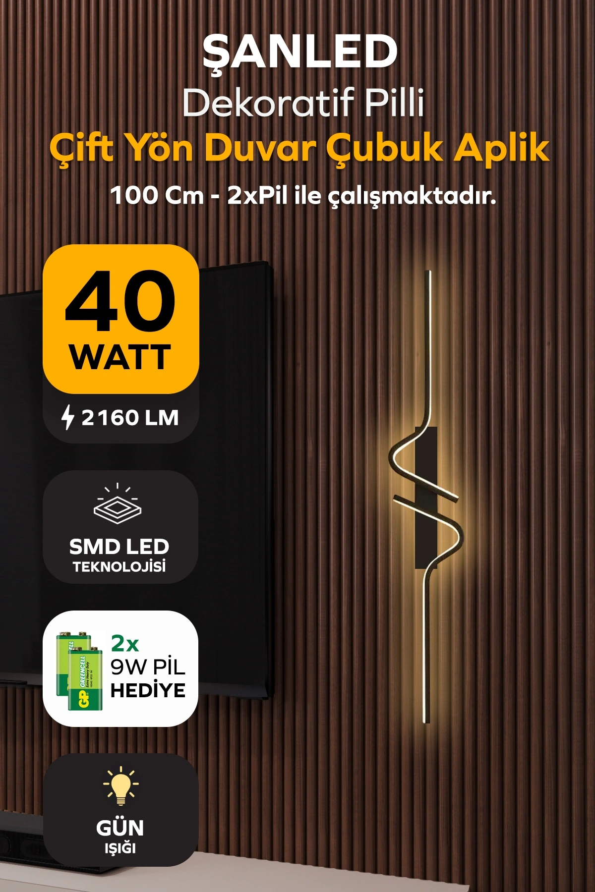 Dekoratif 40W İç Mekan Siyah Kasa Gün Işığı Rengi 115 cm Duvar Aplik PİLLİ 1 Adet