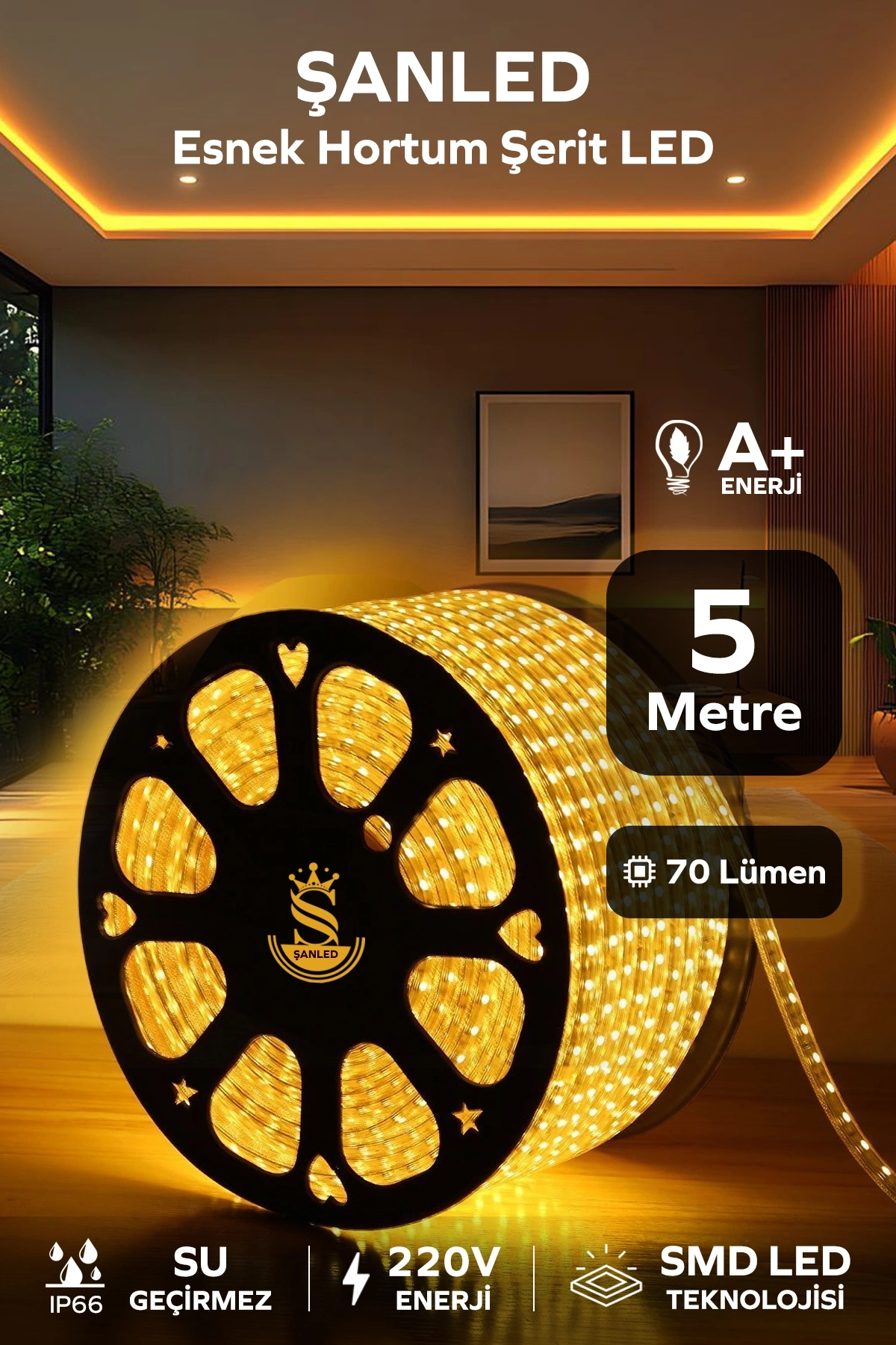 Hortum Esnek 220V Şerit Led Amber 5 Metre