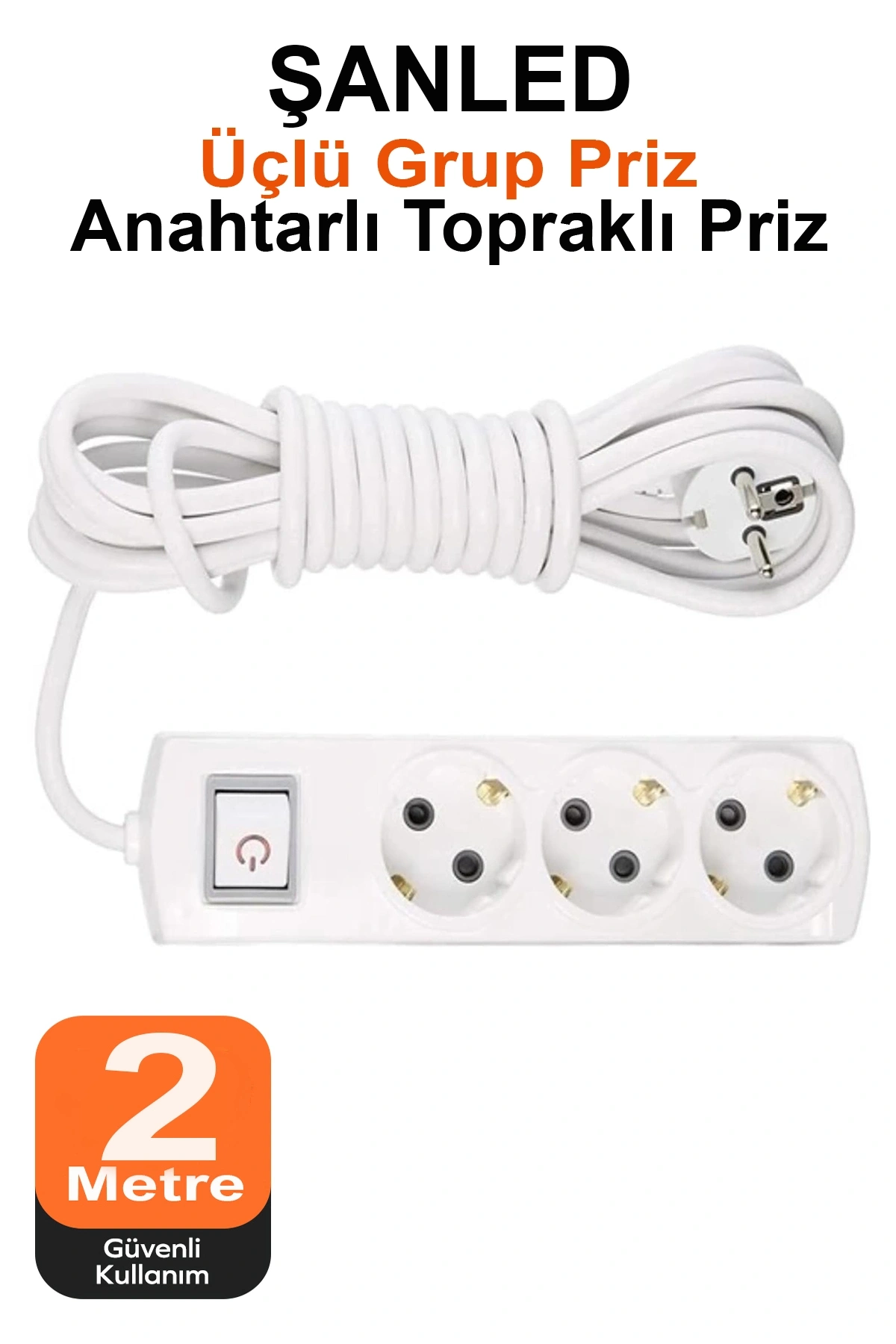 Grup Priz Topraklı 3lü Çoklu Anahtarlı Priz Seyyar Ara Uzatma Kablosu Kablo 2 Metre