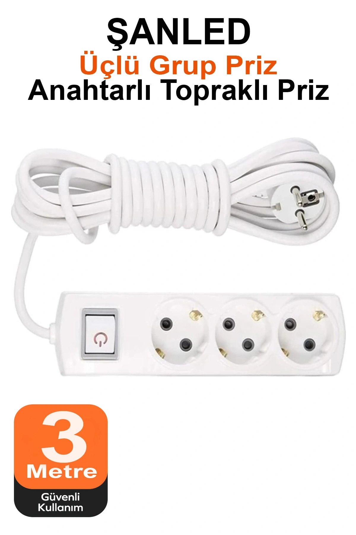 Grup Priz Topraklı 3lü Çoklu Anahtarlı Priz Seyyar Ara Uzatma Kablosu Kablo 3 Metre