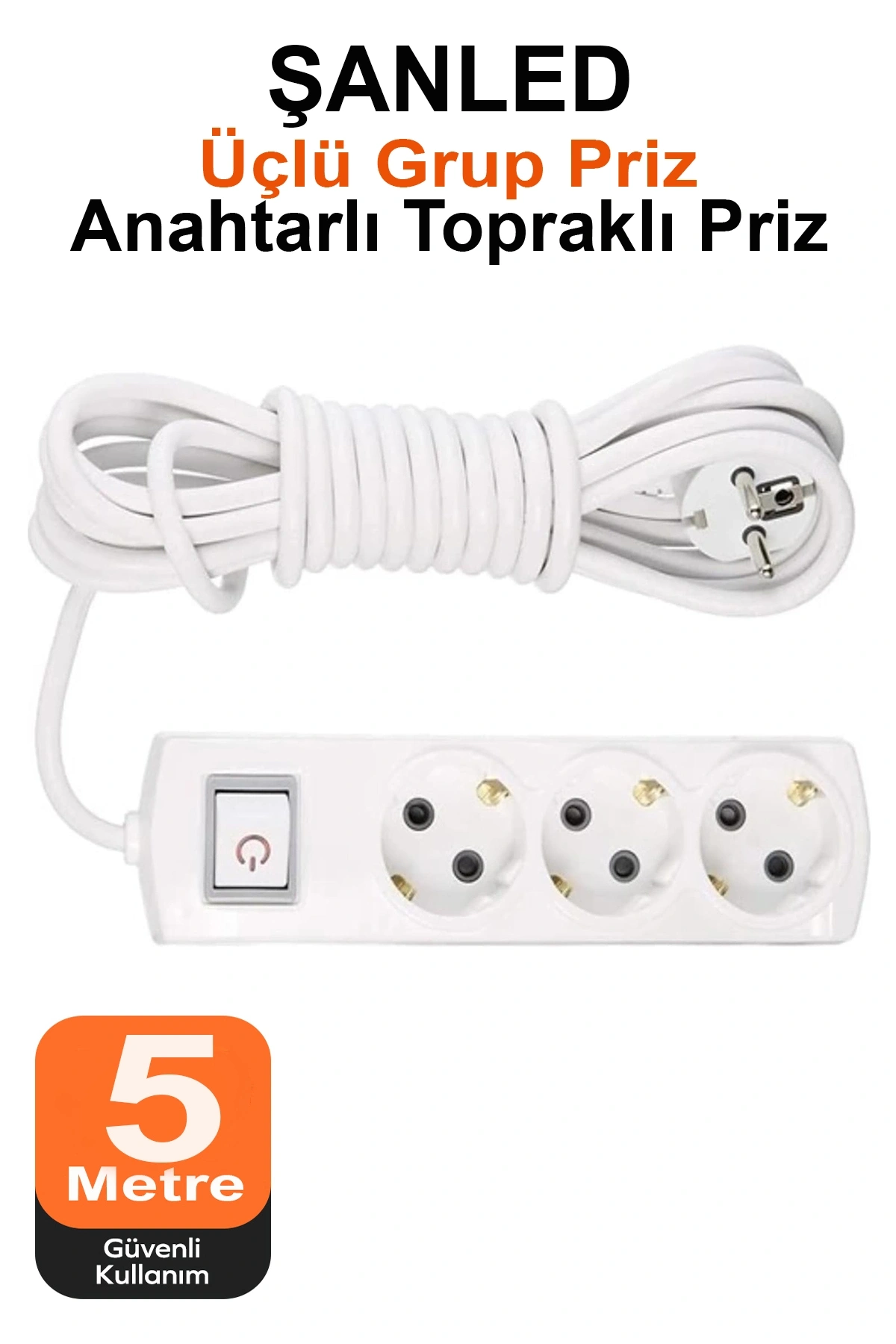 Grup Priz Topraklı 3lü Çoklu Anahtarlı Priz Seyyar Ara Uzatma Kablosu Kablo 5 Metre