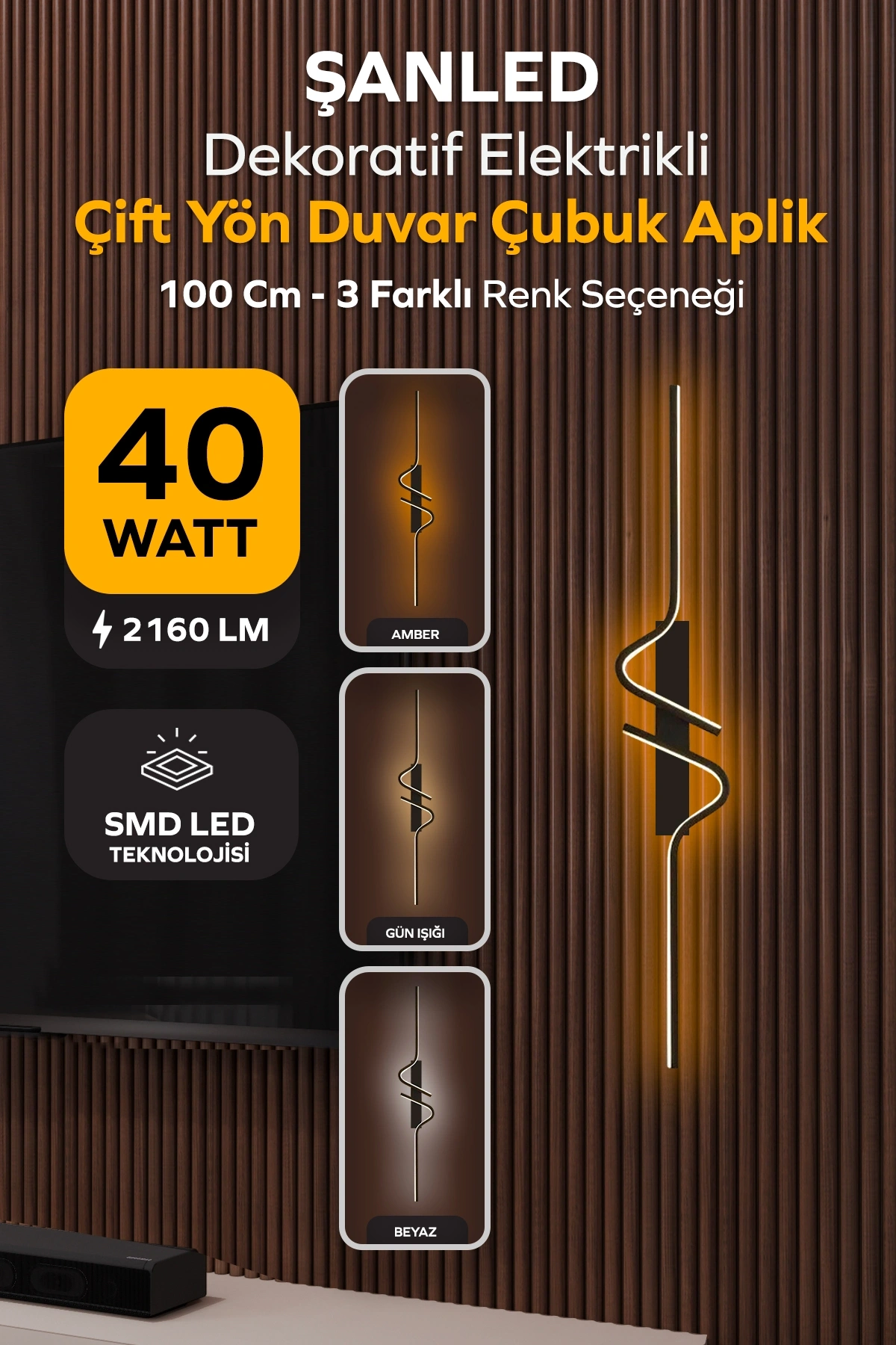 Dekoratif 40W Iç Mekan Gold Kasa 3 Renkli Işık Elektrikli 115 cm Duvar Aplik 1 Adet