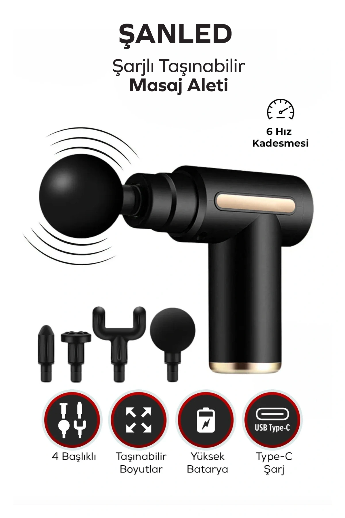 Masaj Tabancası Sporcu Masaj Aleti 4 Başlıklı Şarjlı Titreşimli Sporcu Masaj Tabancası