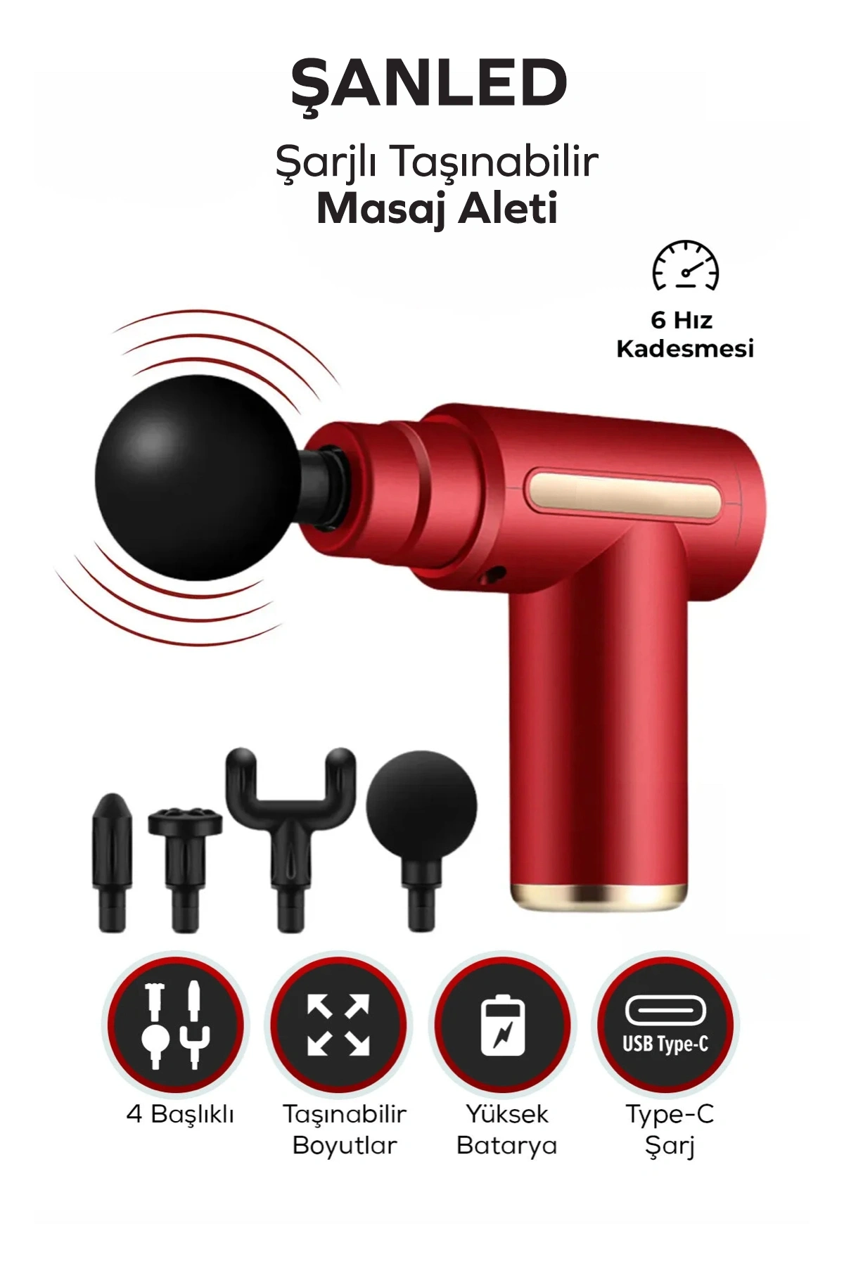 Masaj Tabancası Sporcu Masaj Aleti 4 Başlıklı Şarjlı Titreşimli Sporcu Masaj Tabancası