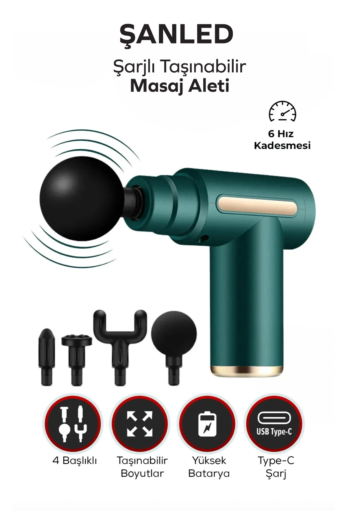 Masaj Tabancası Sporcu Masaj Aleti 4 Başlıklı Şarjlı Titreşimli Sporcu Masaj Tabancası