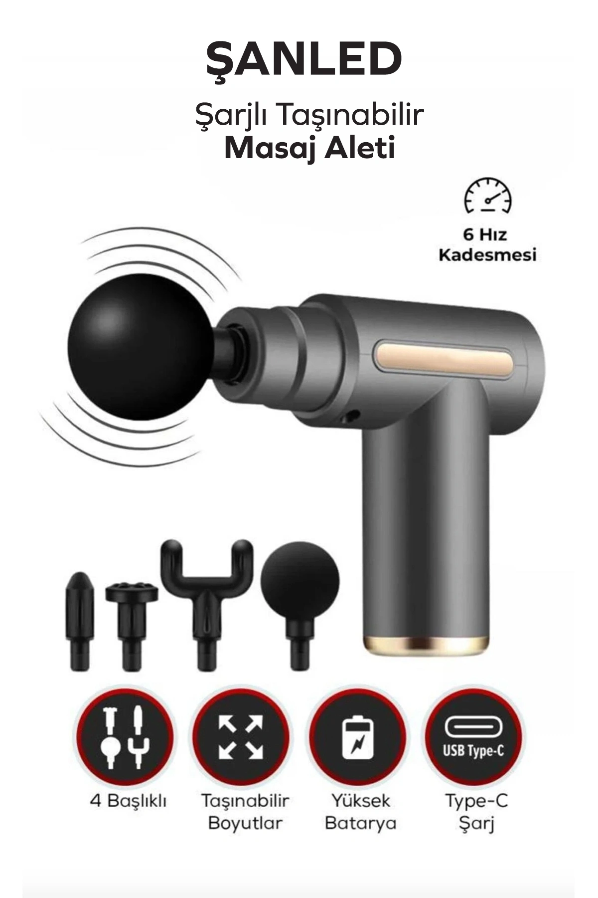 Masaj Tabancası Sporcu Masaj Aleti 4 Başlıklı Şarjlı Titreşimli Sporcu Masaj Tabancası