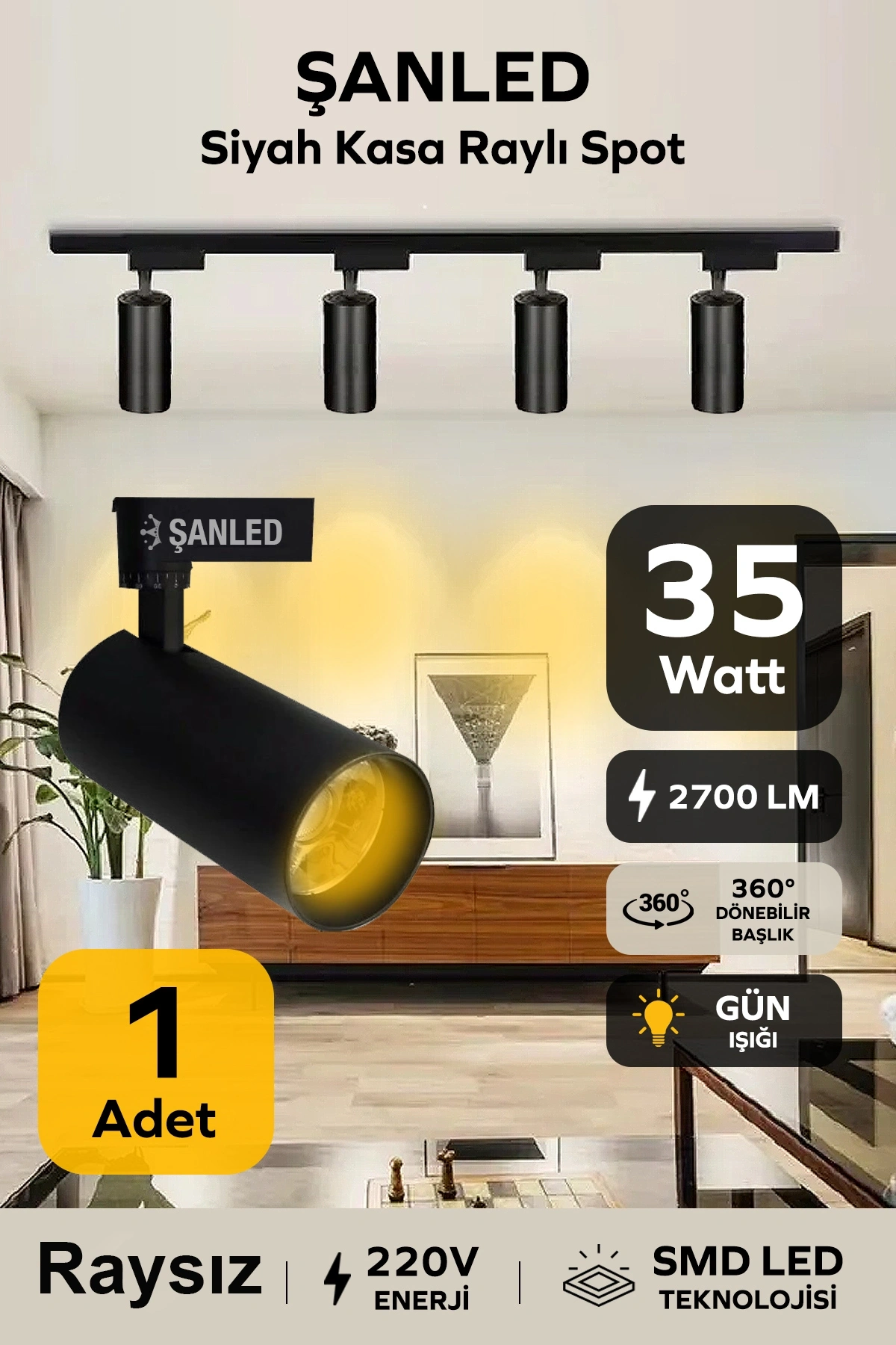 Led Siyah Kasa Gün Işığı 35w Raylı Spot