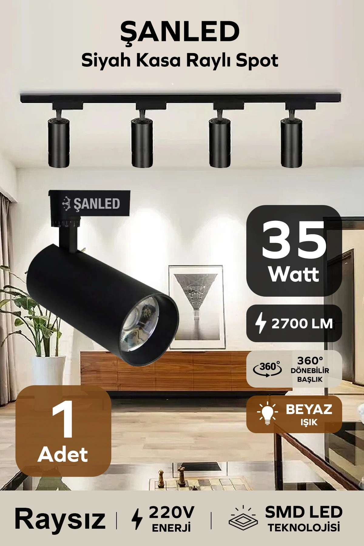 Led Siyah Kasa Beyaz Işık 35w Raylı Spot