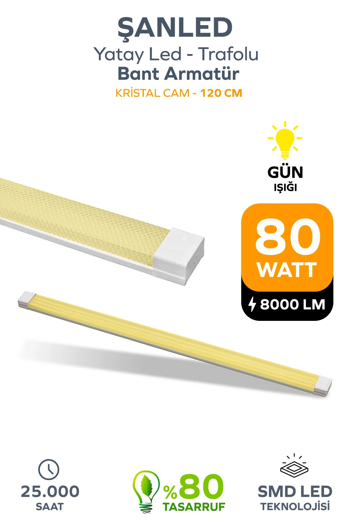80W 120 Cm KRİSTAL Yatay LED Bant Armatür-Trafolu Gün Işığı 1 Adet