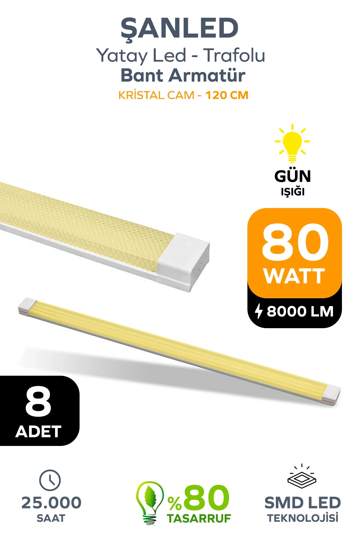 80W 120 Cm KRİSTAL Yatay LED Bant Armatür-Trafolu Gün Işığı 8 Adet