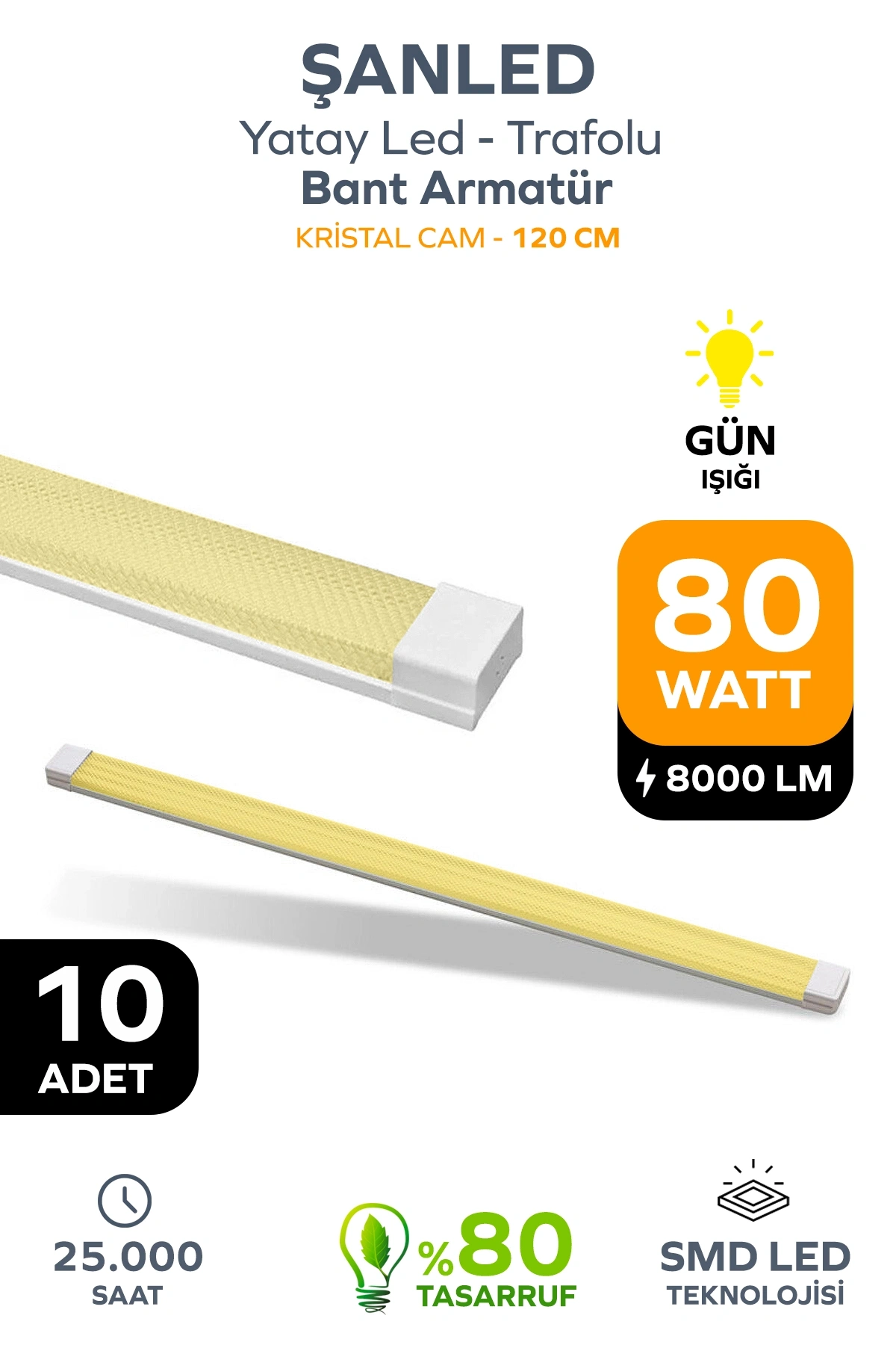 80W 120 Cm KRİSTAL Yatay LED Bant Armatür-Trafolu Gün Işığı 10 Adet