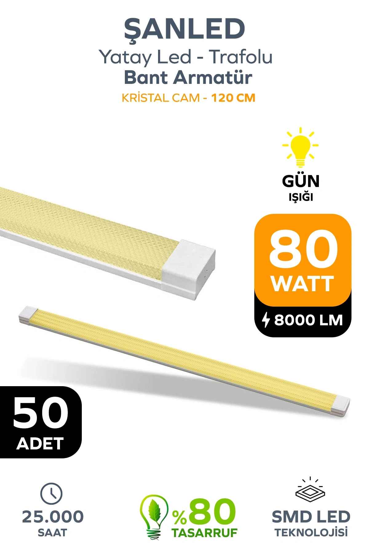 80W 120 Cm KRİSTAL Yatay LED Bant Armatür-Trafolu Gün Işığı 50 Adet