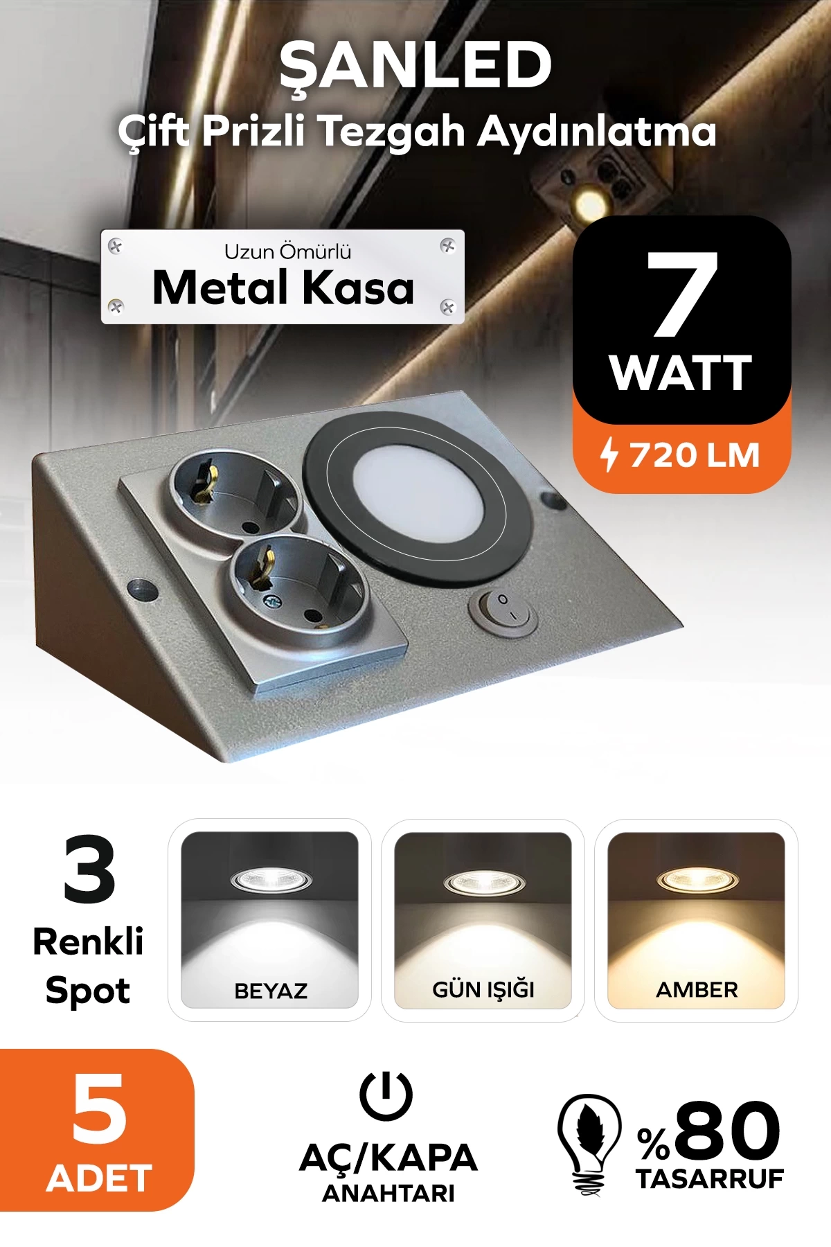 7W 3 Renkli Antrasit Çift Prizli Beyaz Dolap & Tezgah Altı Metal Led Aydınlatma 5 Adet