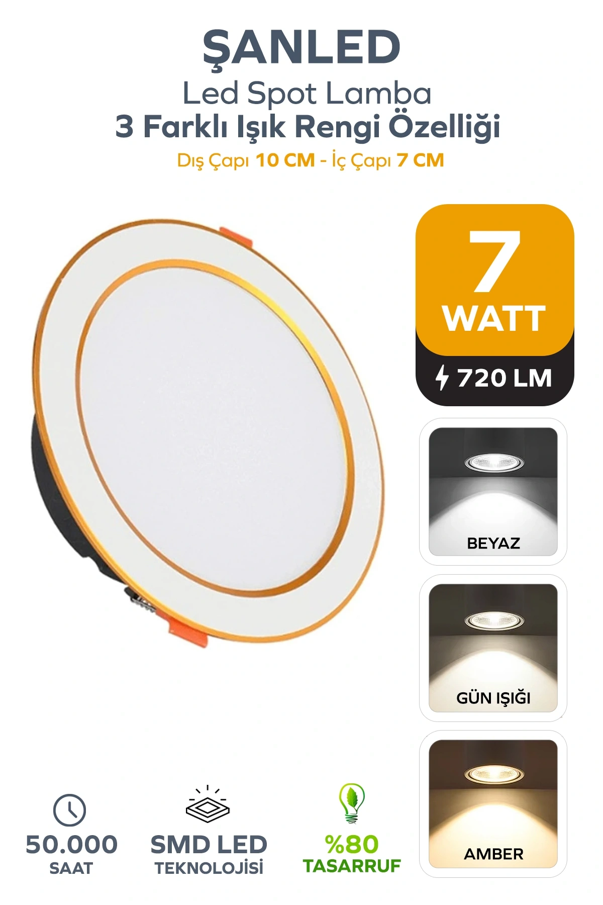7W 3 Renkli (Beyaz,Gün Işığı,ikisi Bir Arada) Beyaz Gold Led Spot Lamba -1 Adettir