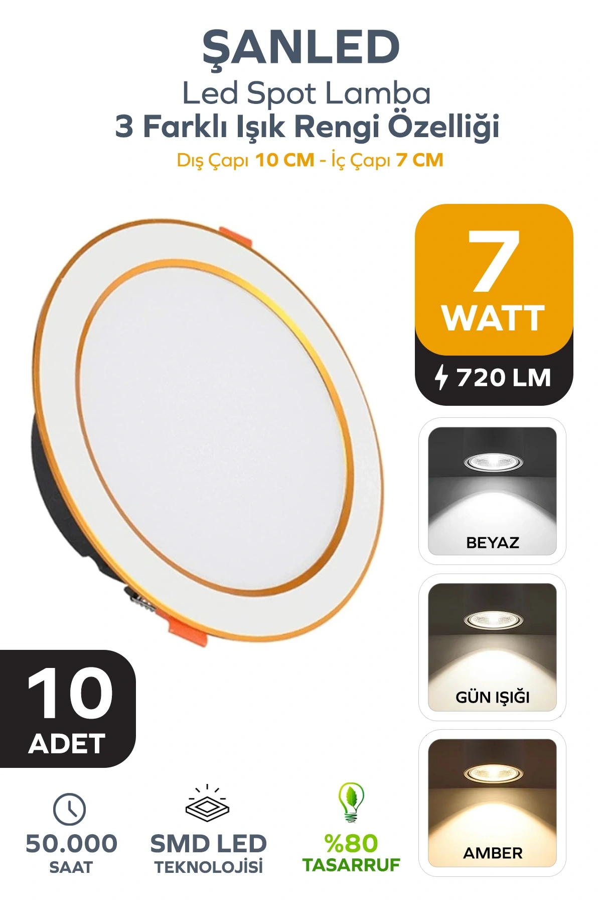 7W 3 Renkli (Beyaz,Gün Işığı,ikisi Bir Arada) Beyaz Gold Led Spot Lamba - 10 Adettir