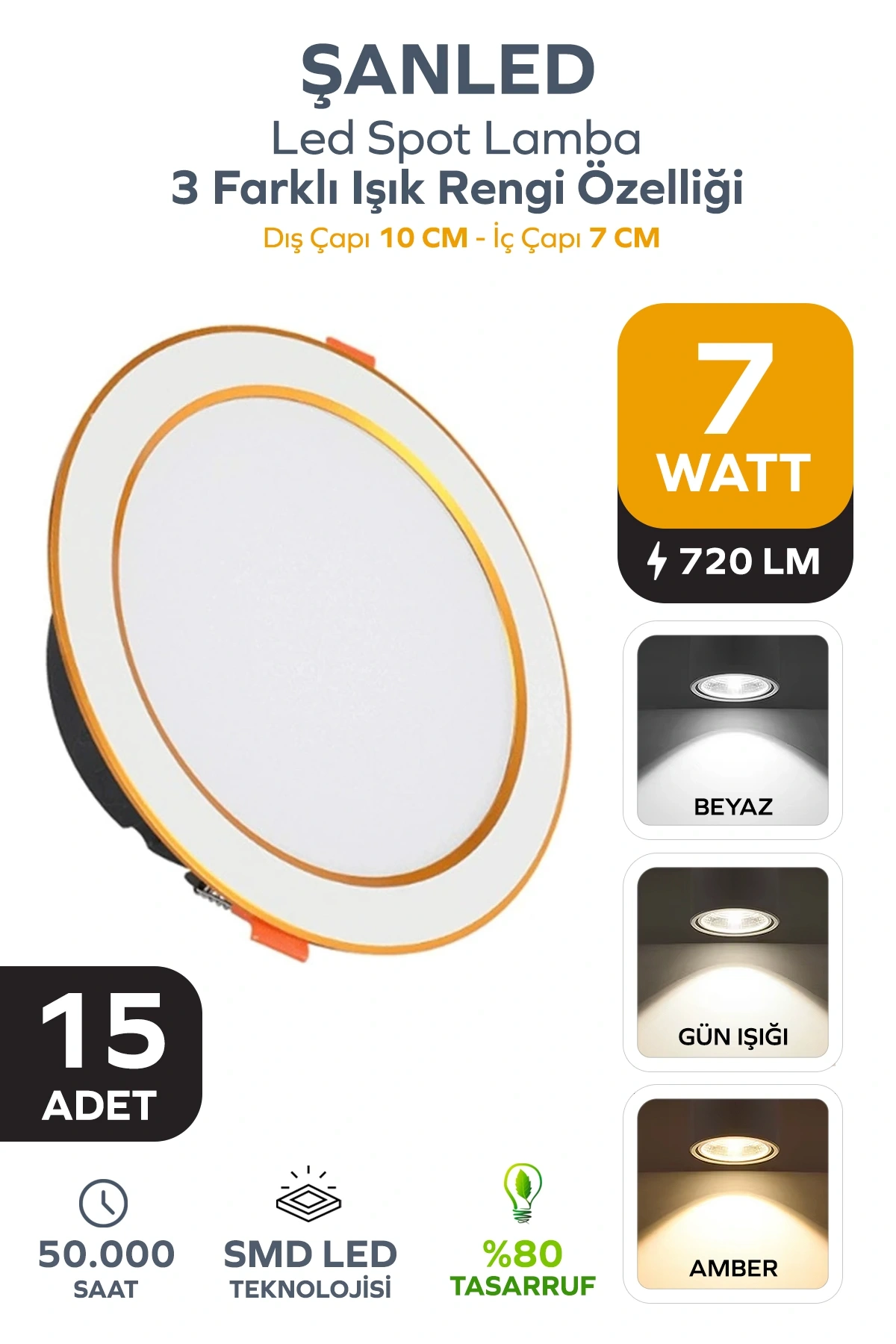 7W 3 Renkli (Beyaz,Gün Işığı,ikisi Bir Arada) Beyaz Gold Led Spot Lamba -15 Adettir
