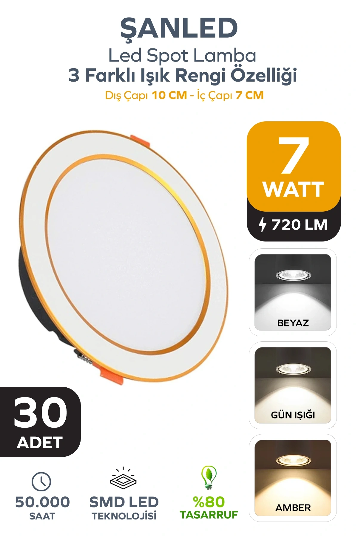 7W 3 Renkli (Beyaz,Gün Işığı,ikisi Bir Arada) Beyaz Gold Led Spot Lamba- 30 Adettir