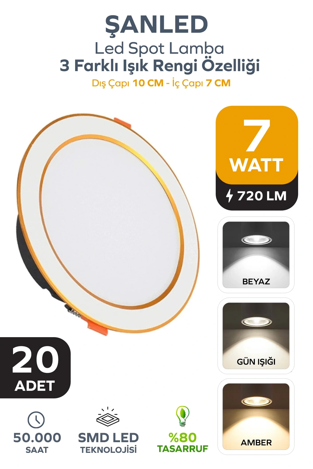 7W 3 Renkli (Beyaz,Gün Işığı,ikisi Bir Arada) Beyaz Gold Led Spot Lamba - 20 Adettir