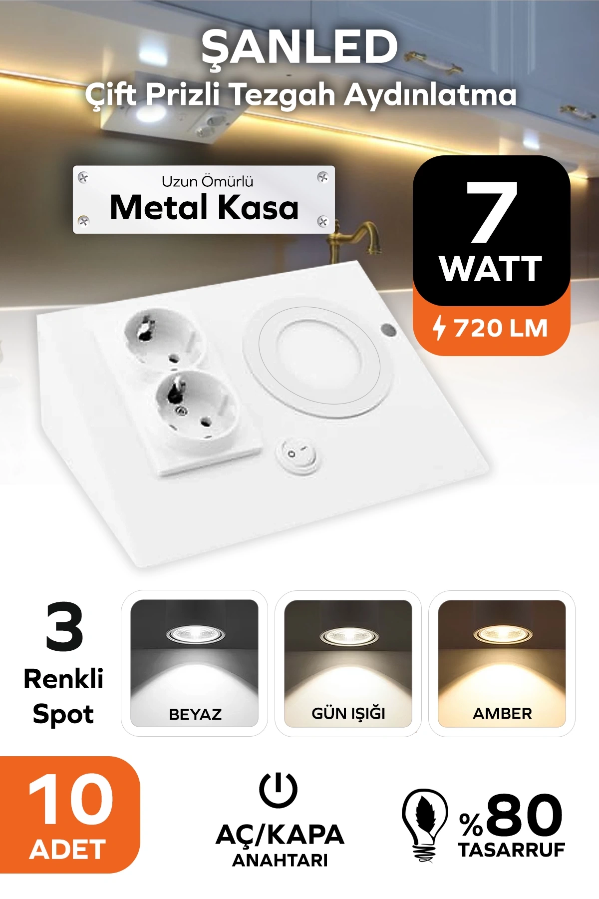 7W 3Renkli Çift Prizli Beyaz Dolap & Tezgah Altı Metal Led Aydınlatma 10 Adet