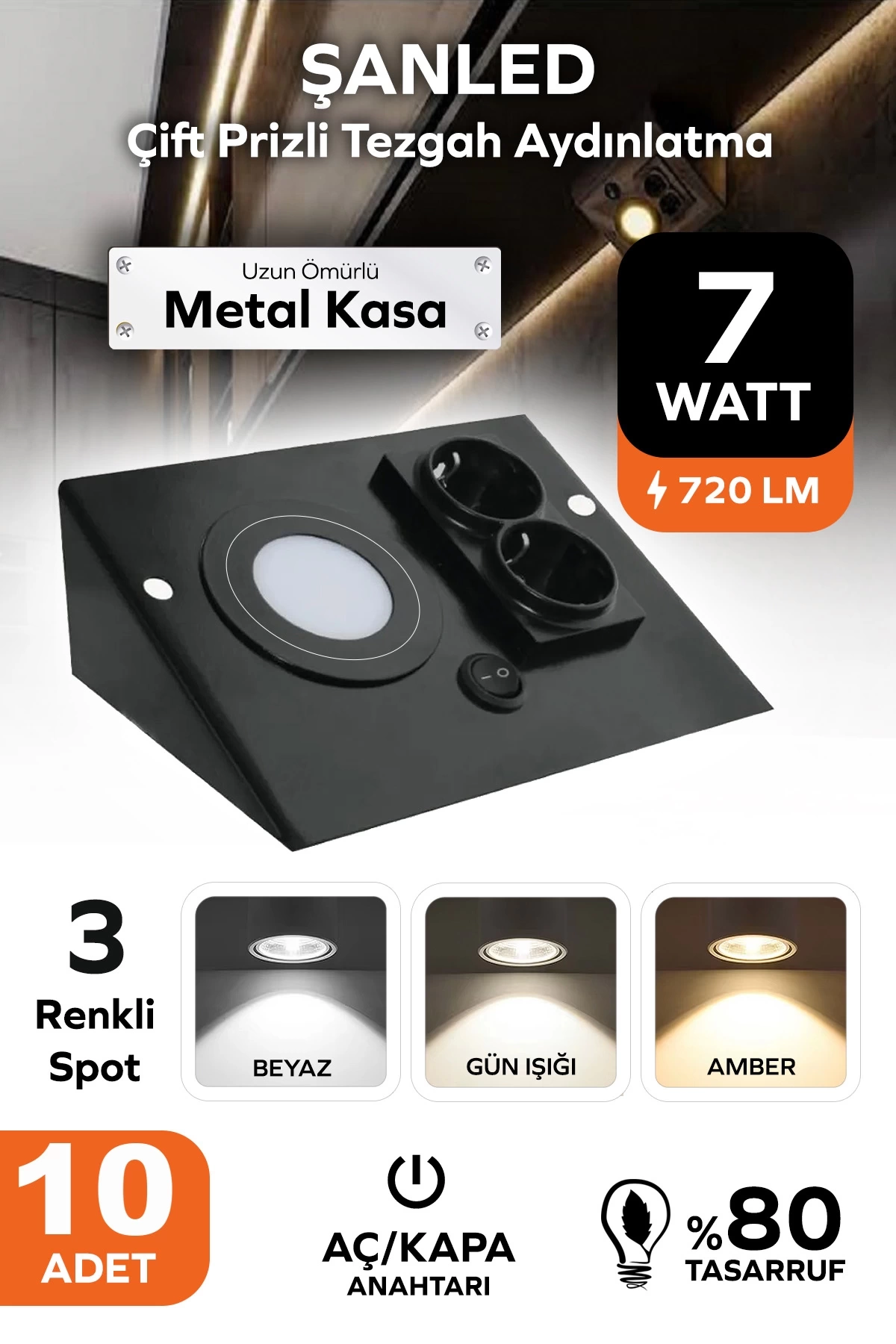 7W 3Renkli Çift Prizli Siyah Dolap & Tezgah Altı Metal Led Aydınlatma 10 Adet