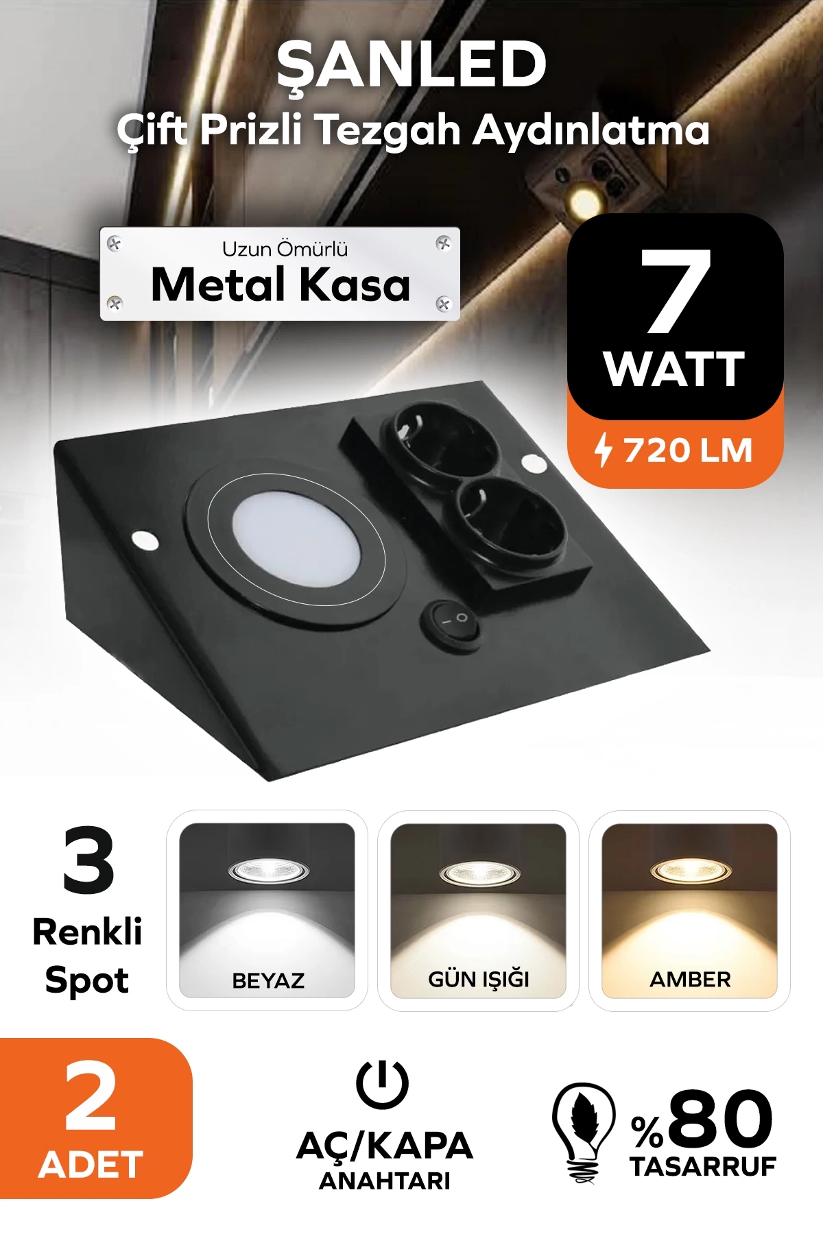 7W 3Renkli Çift Prizli Siyah Dolap & Tezgah Altı Metal Led Aydınlatma 2 Adet