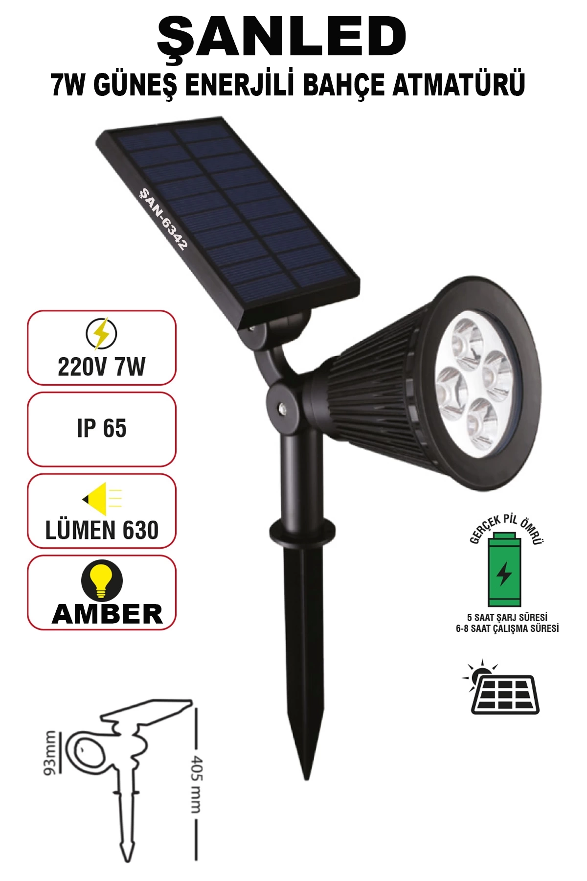 7w Güneş Enerjili Amber Işık Profesyonel Bahçe Sokak Dış mekan Aydınlatma Projektör 1 Adet