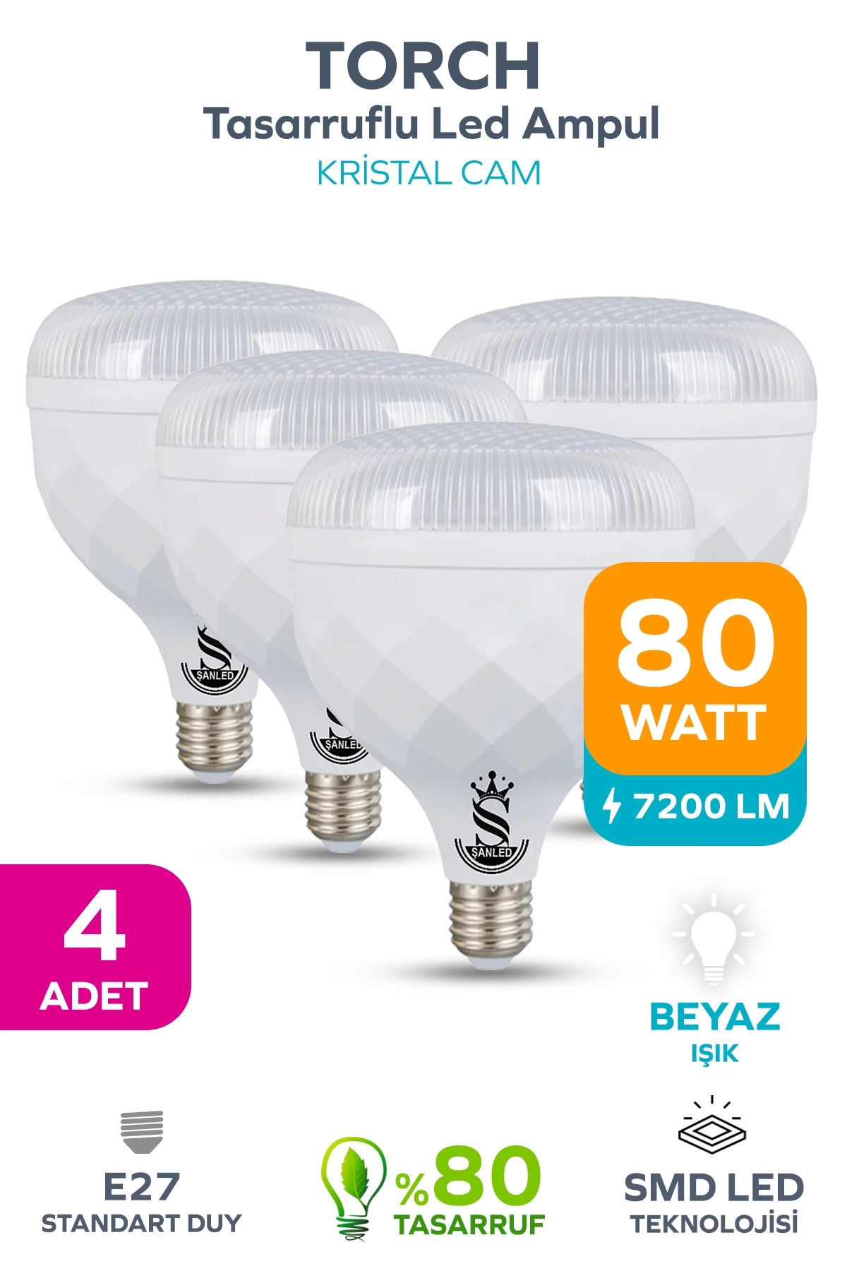 80W KRİSTAL Tasarruflu E27 Beyaz Işık Torch Led Ampul 4 Adet