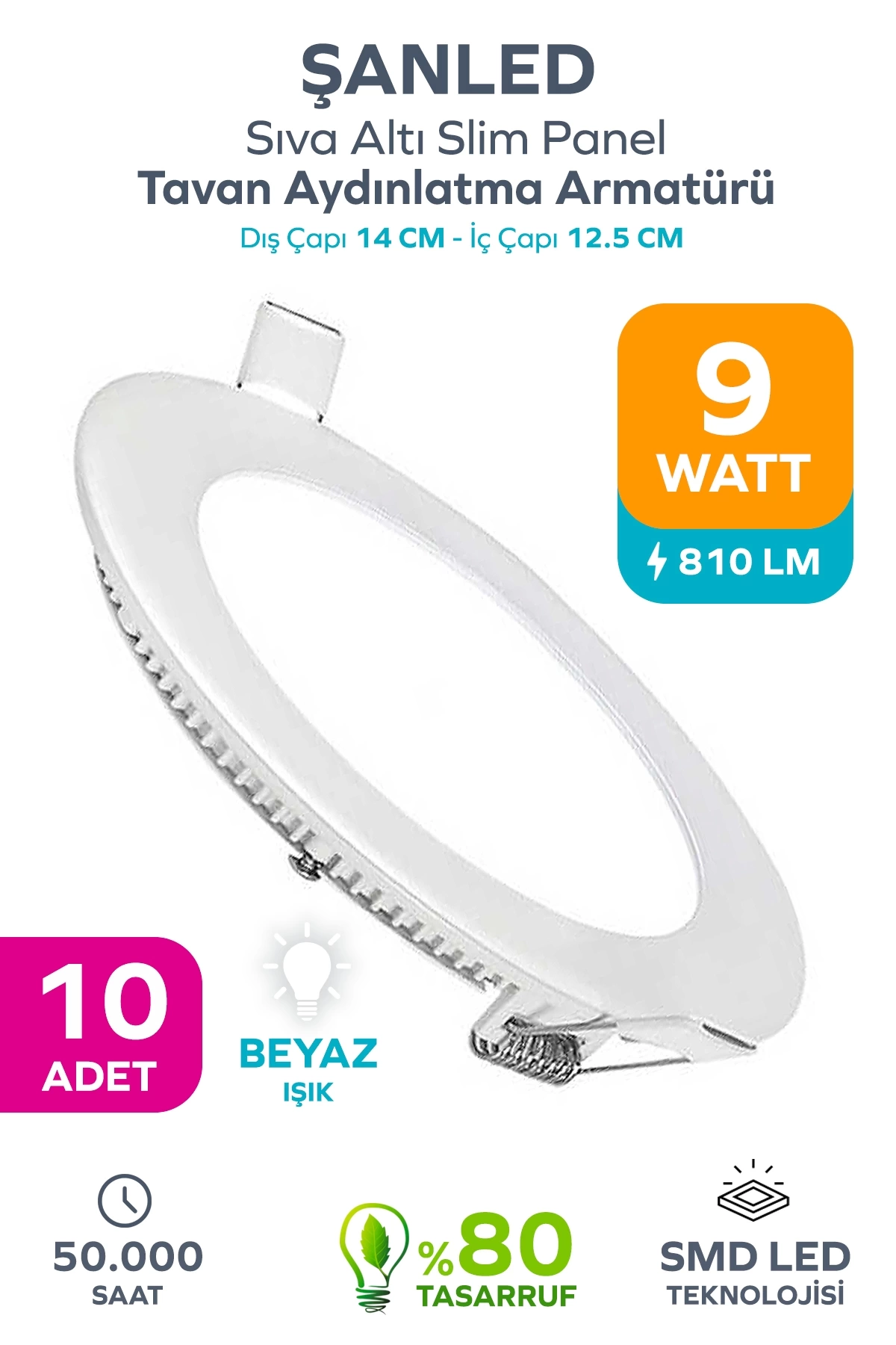 9w Tasarruflu Led Yuvarlak Beyaz Işık Sıva Altı Slim Panel Tavan Aydınlatma Armatürü 10 Adet