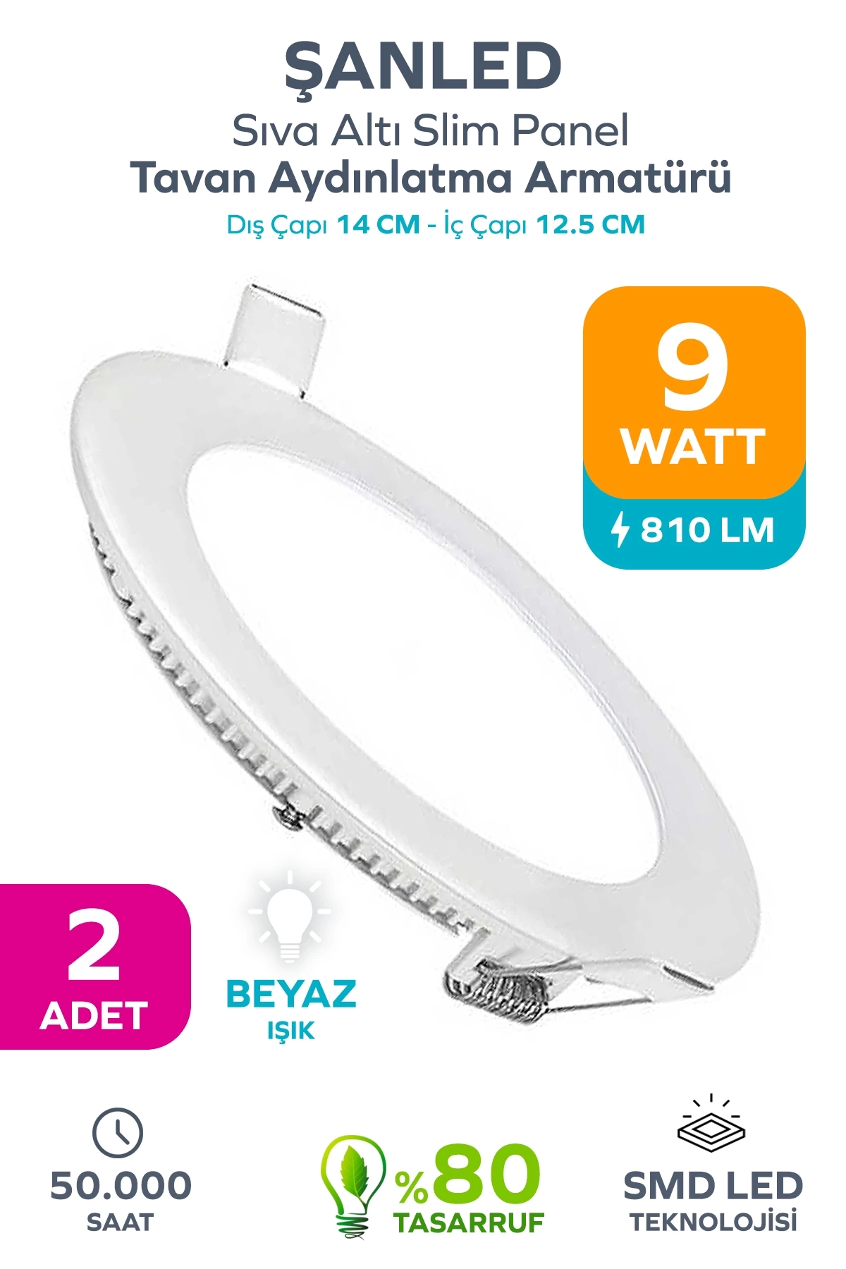 9w Tasarruflu Led Yuvarlak Beyaz Işık Sıva Altı Slim Panel Tavan Aydınlatma Armatürü 2 Adet
