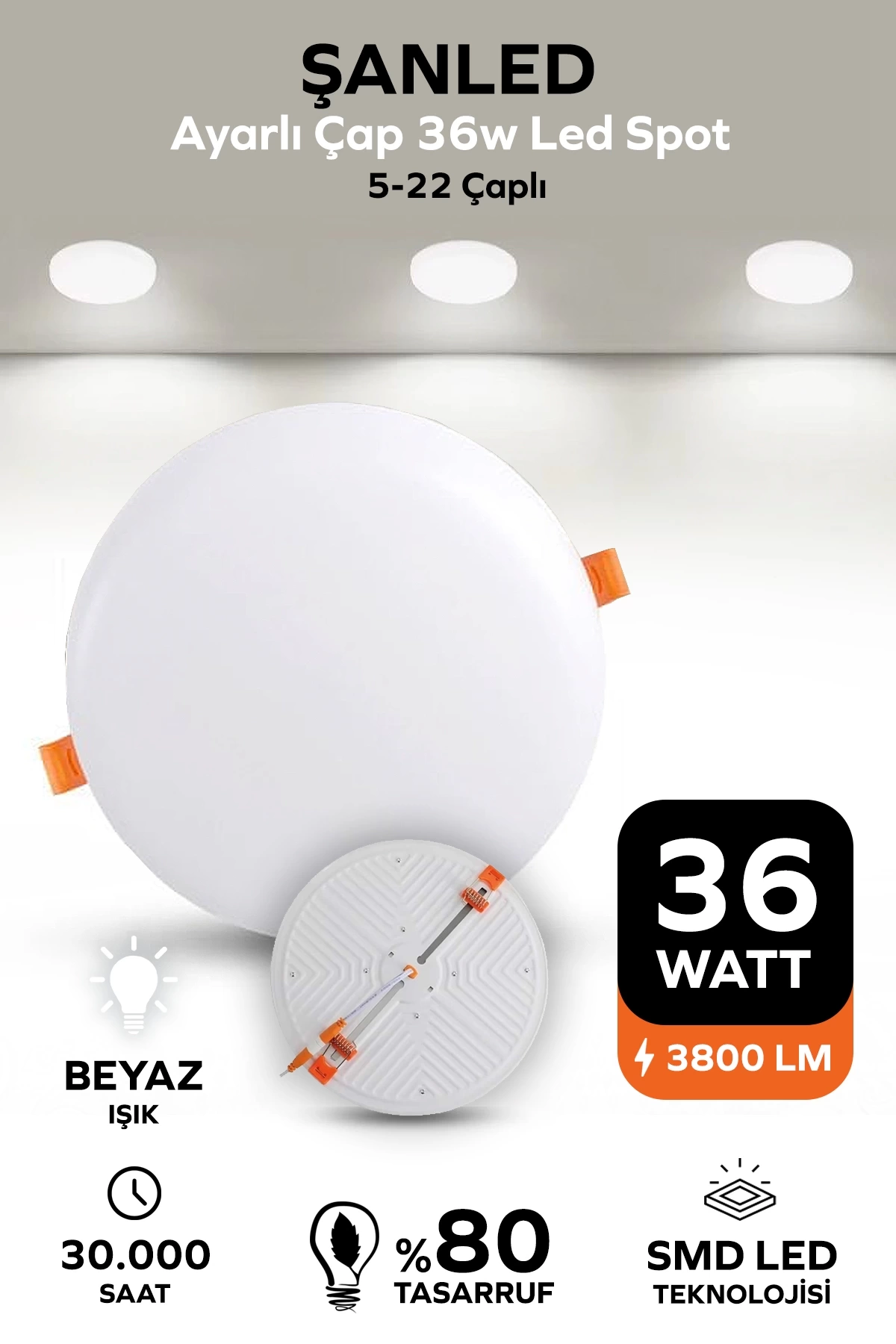Ayarlı Çap 36w Beyaz Işık Led Spot (5-22 Çaplı ) 1 Adet