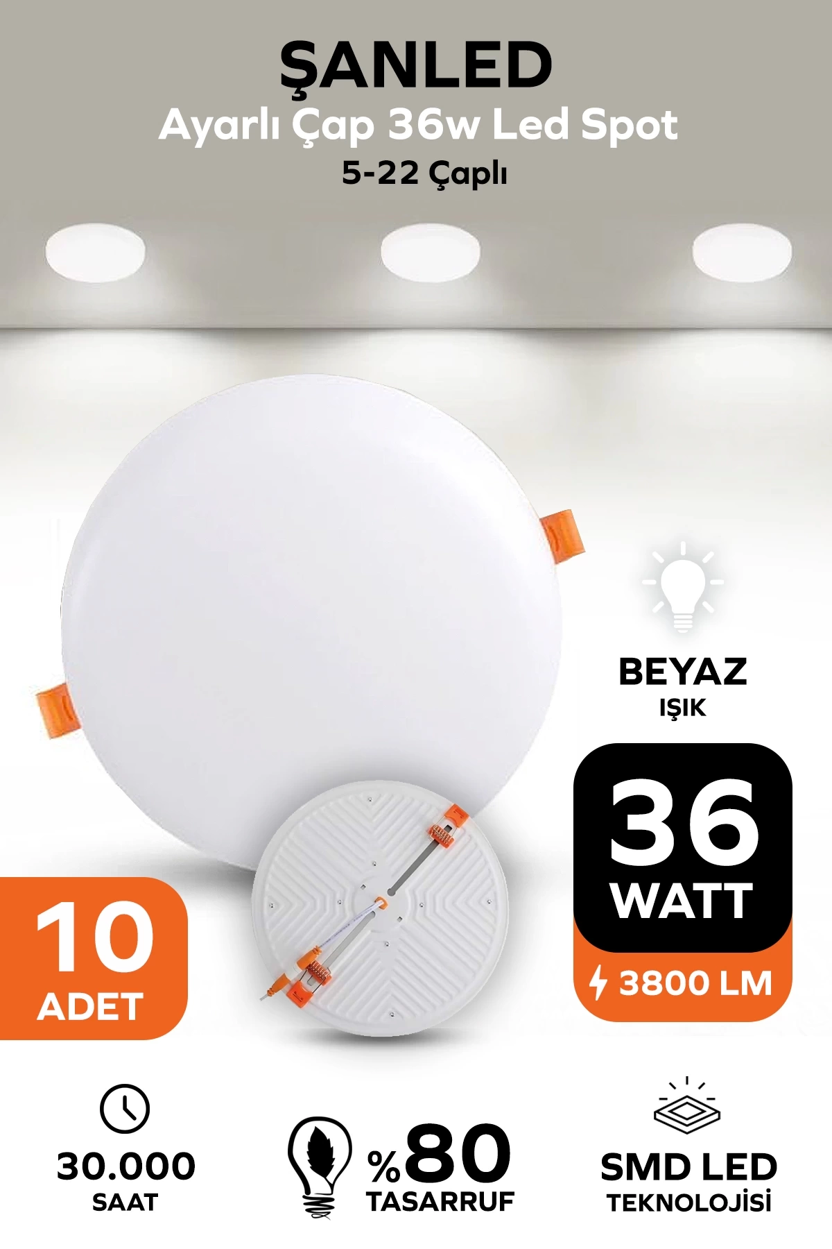 Ayarlı Çap 36w Beyaz Işık Led Spot (5-22 Çaplı ) 10 Adet