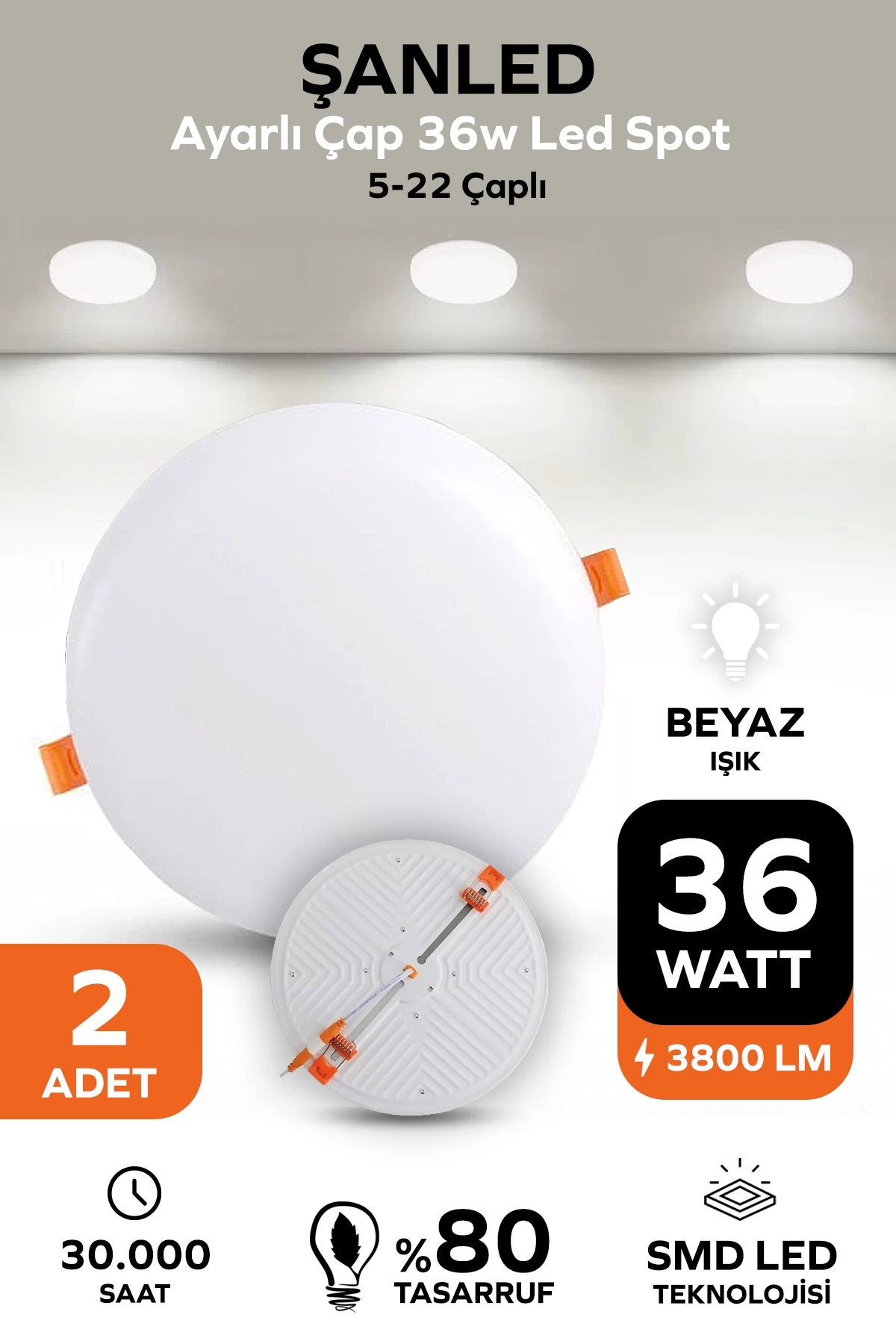 Ayarlı Çap 36w Beyaz Işık Led Spot (5-22 Çaplı ) 2 Adet