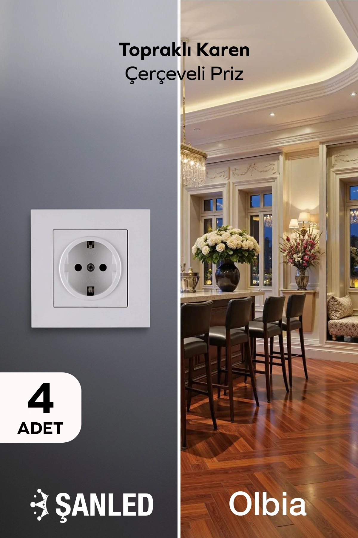 Beyaz Topraklı Karen Çerçeveli Priz 4 Adet