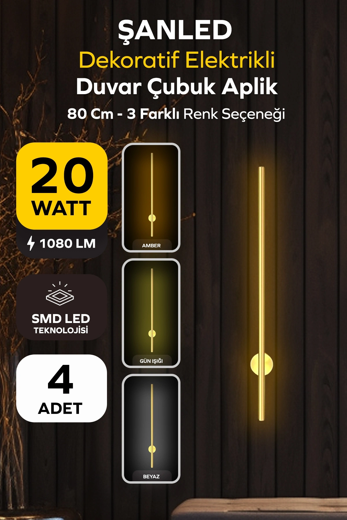 Dekoratif 20W İç Mekan Gold Kasa 3 Renkli Işık Elektrikli 80 cm Duvar Aplik 4 Adet