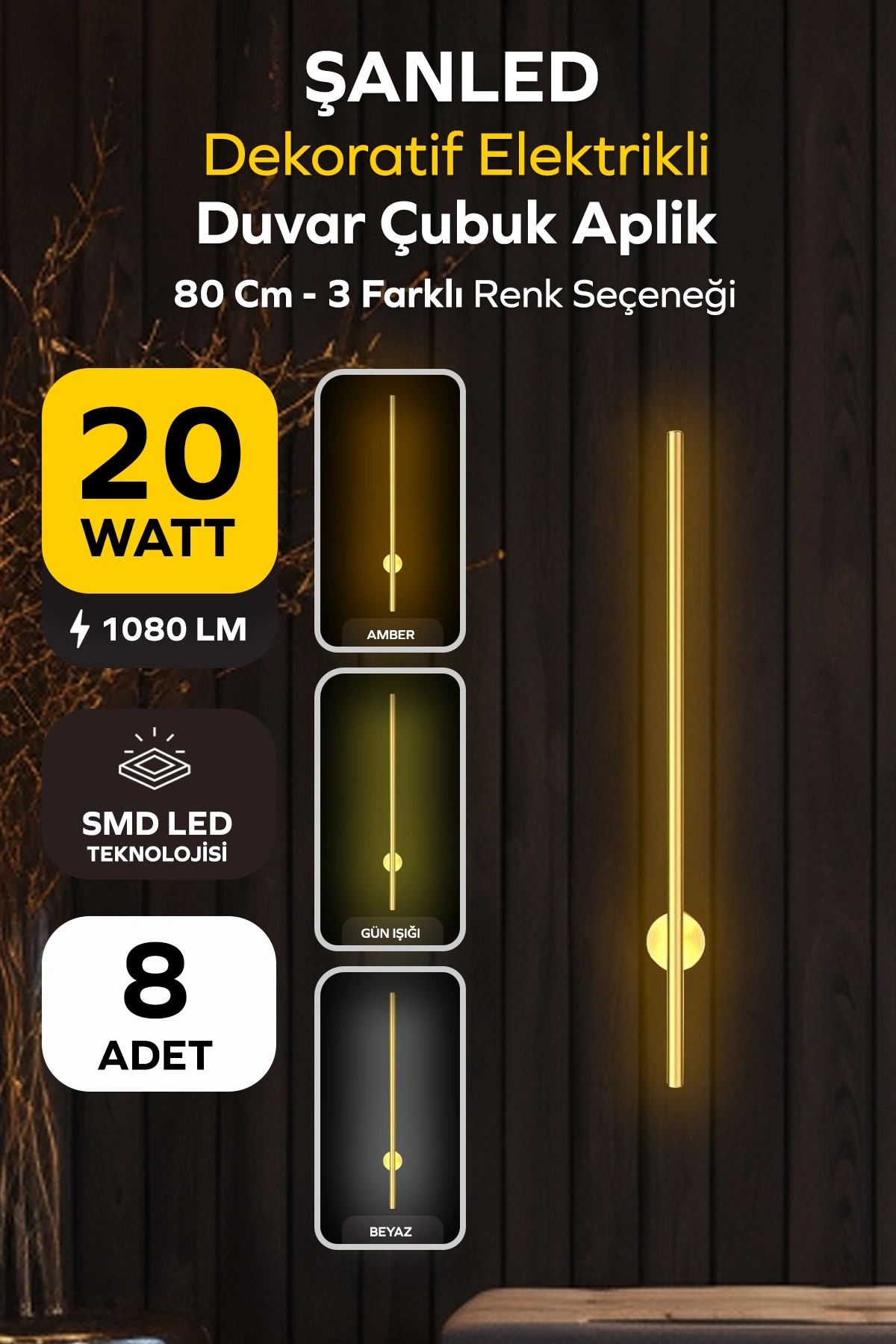 Dekoratif 20W İç Mekan Gold Kasa 3 Renkli Işık Elektrikli 80 cm Duvar Aplik 8 Adet
