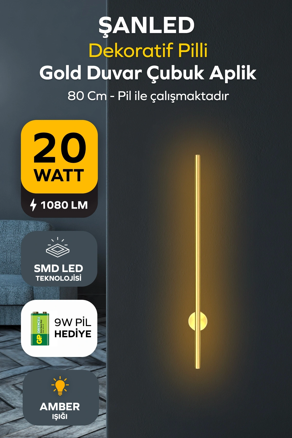 Dekoratif 20W İç Mekan Gold Kasa Amber Işık Rengi 80 cm Duvar Aplik PİLLİ 1 Adet