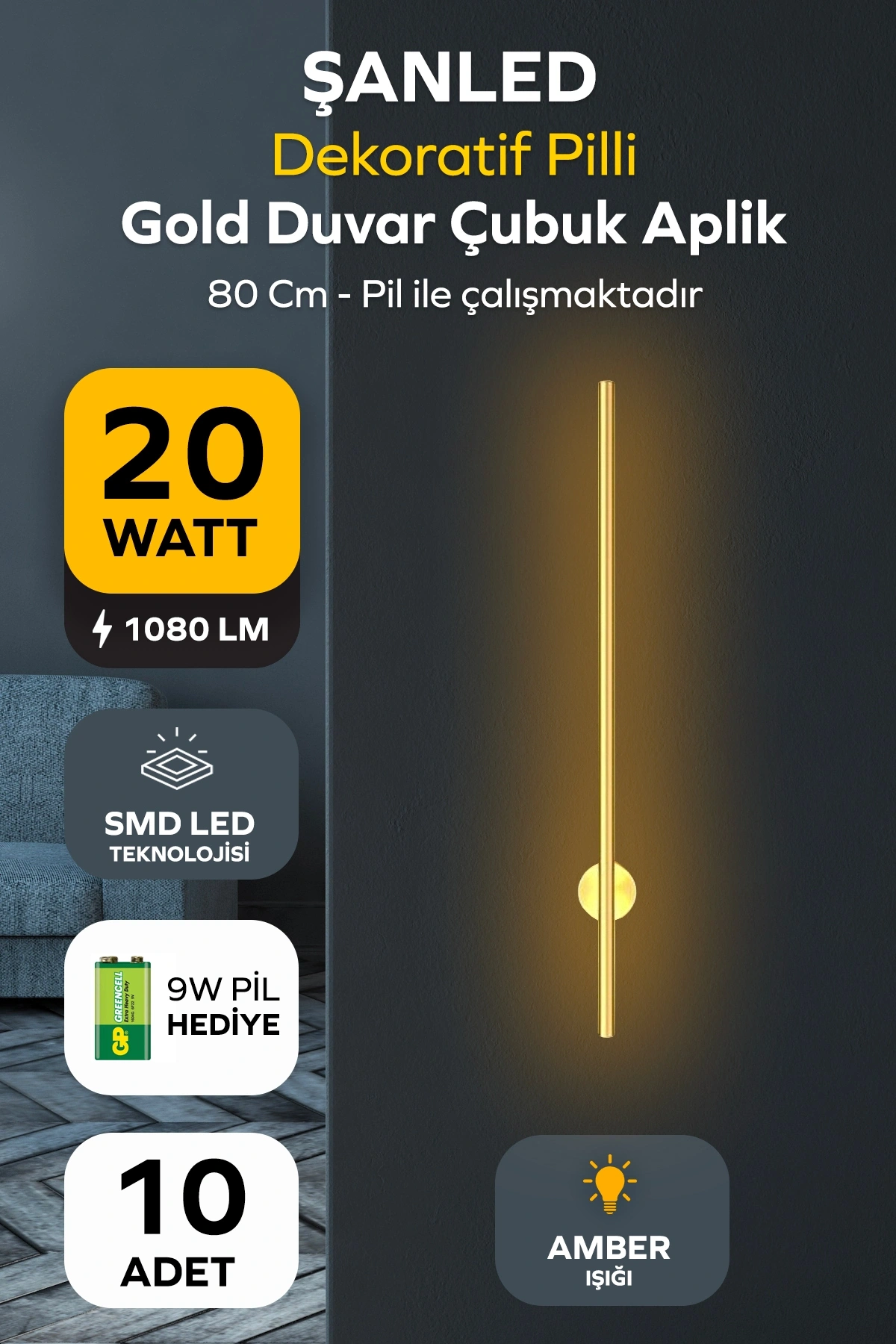 Dekoratif 20W İç Mekan Gold Kasa Amber Işık Rengi 80 cm Duvar Aplik PİLLİ 10 Adet