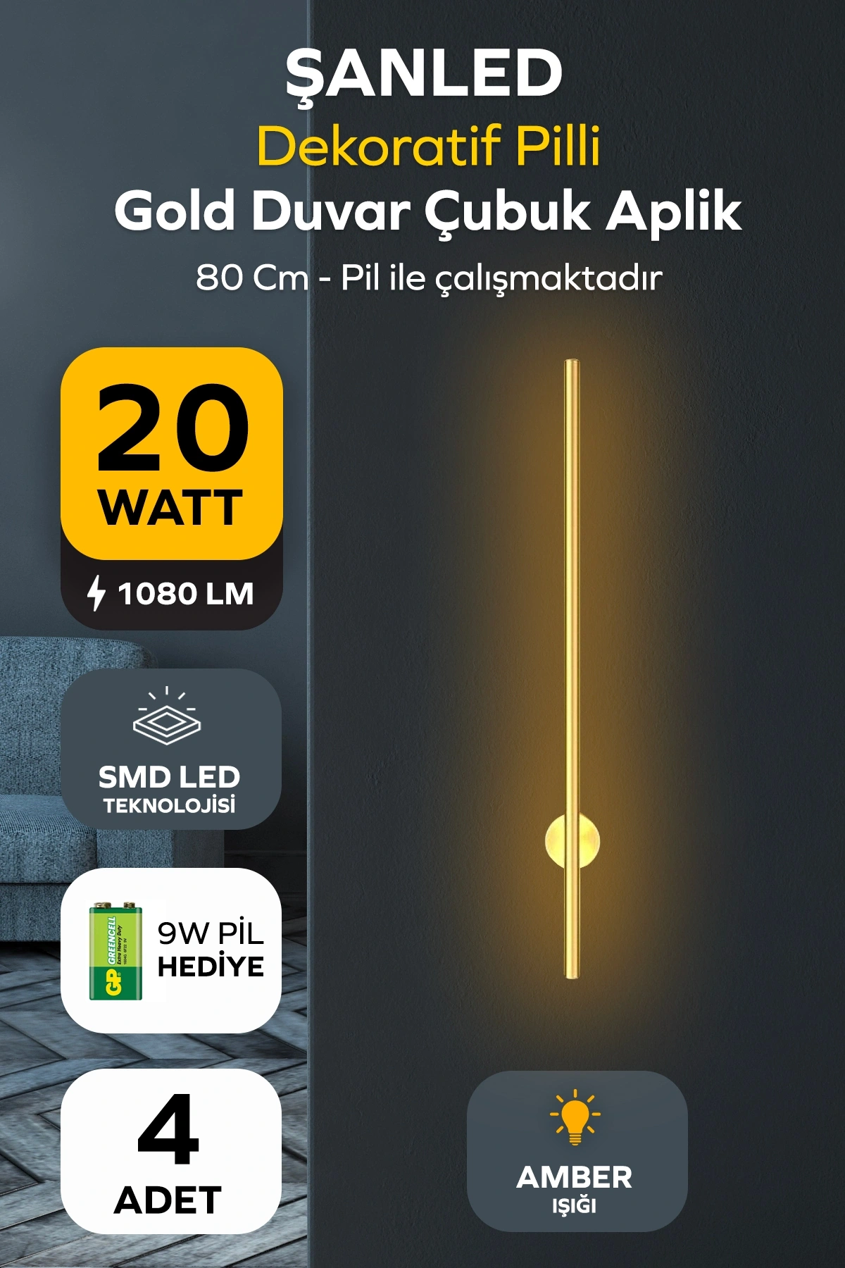 Dekoratif 20W İç Mekan Gold Kasa Amber Işık Rengi 80 cm Duvar Aplik PİLLİ 4 Adet