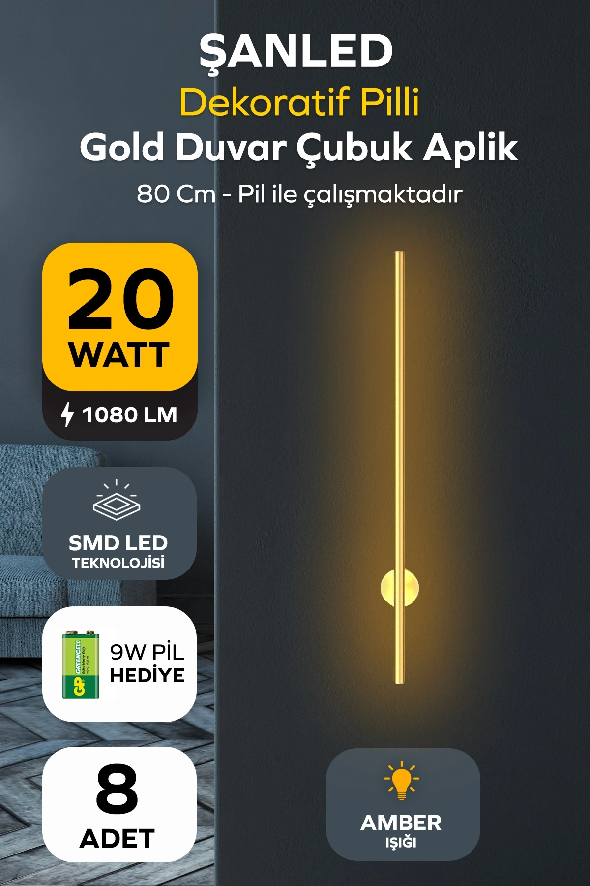 Dekoratif 20W İç Mekan Gold Kasa Amber Işık Rengi 80 cm Duvar Aplik PİLLİ 8 Adet